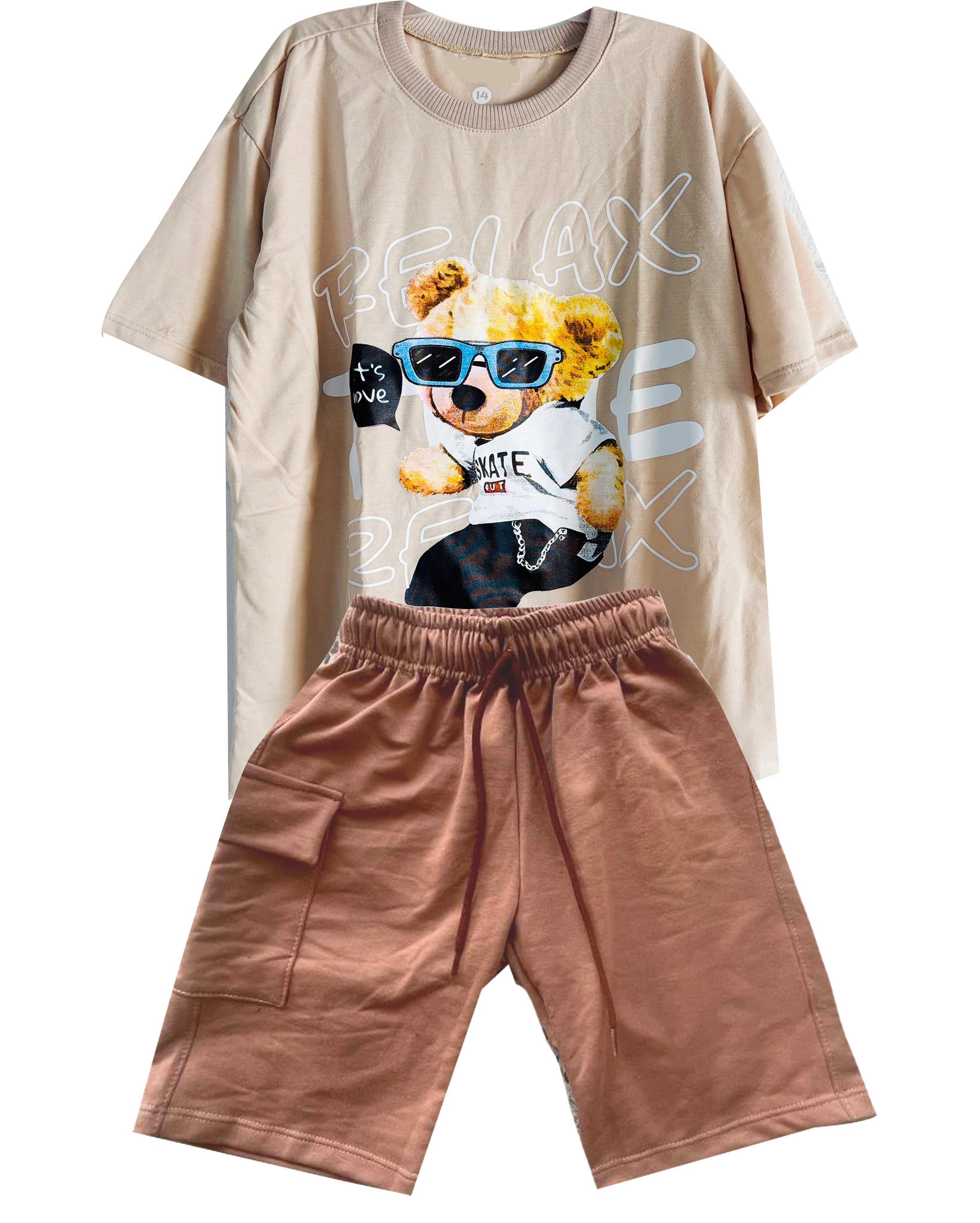 C1857 CONJUNTO UNICOLOR CAMISETA  OVER SIZE KAKY/ BERMUDA TABACO
