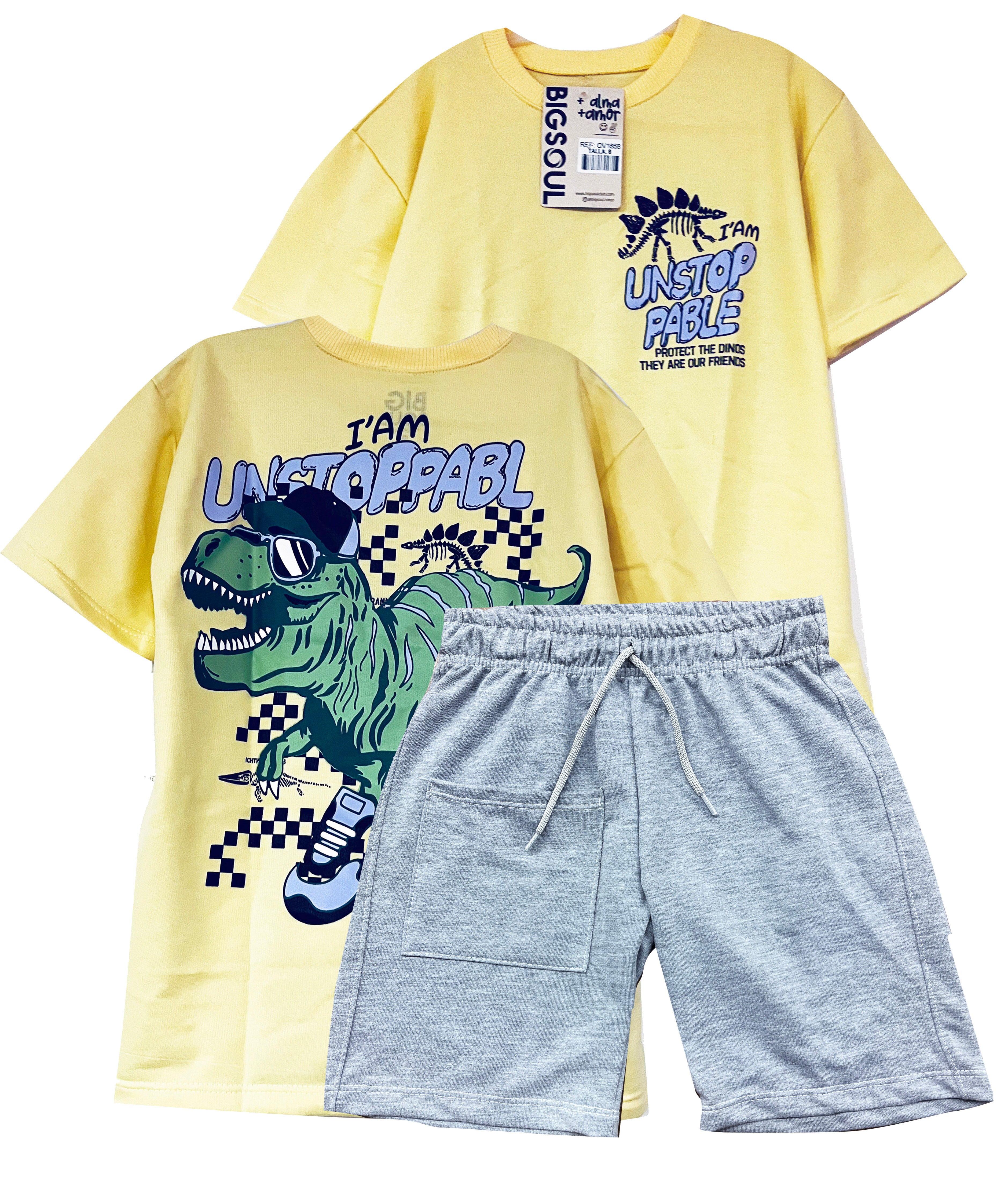 C1858 CONJUNTO  UNICOLOR CAMISETA OVER SIZE AMARILLO / BERMUDA HORTENCIA (Copia)