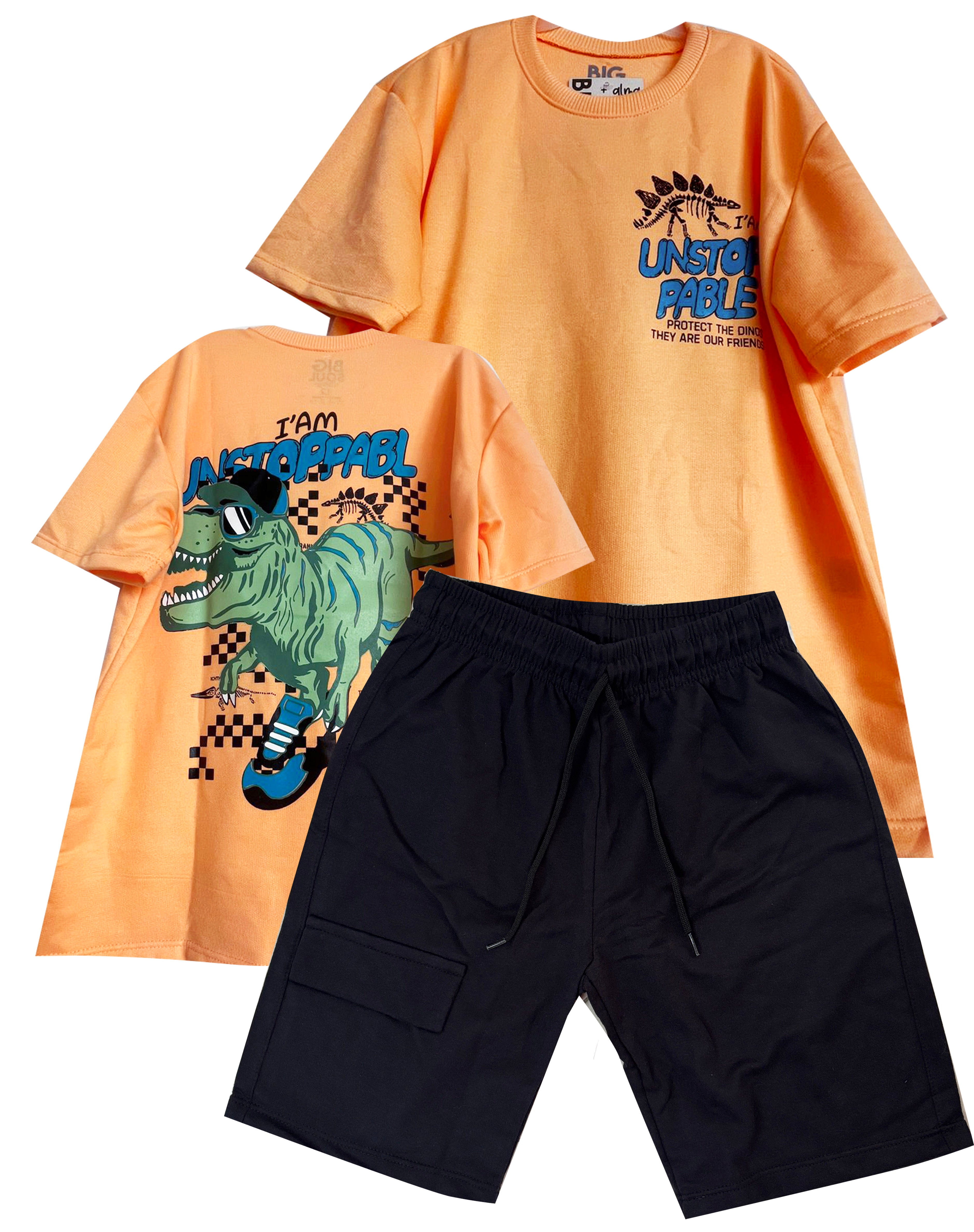 C1858 CONJUNTO  CAMISETA OVER SIZE  NARANJA PASTEL/ BERMUDA BURDA NEGRO