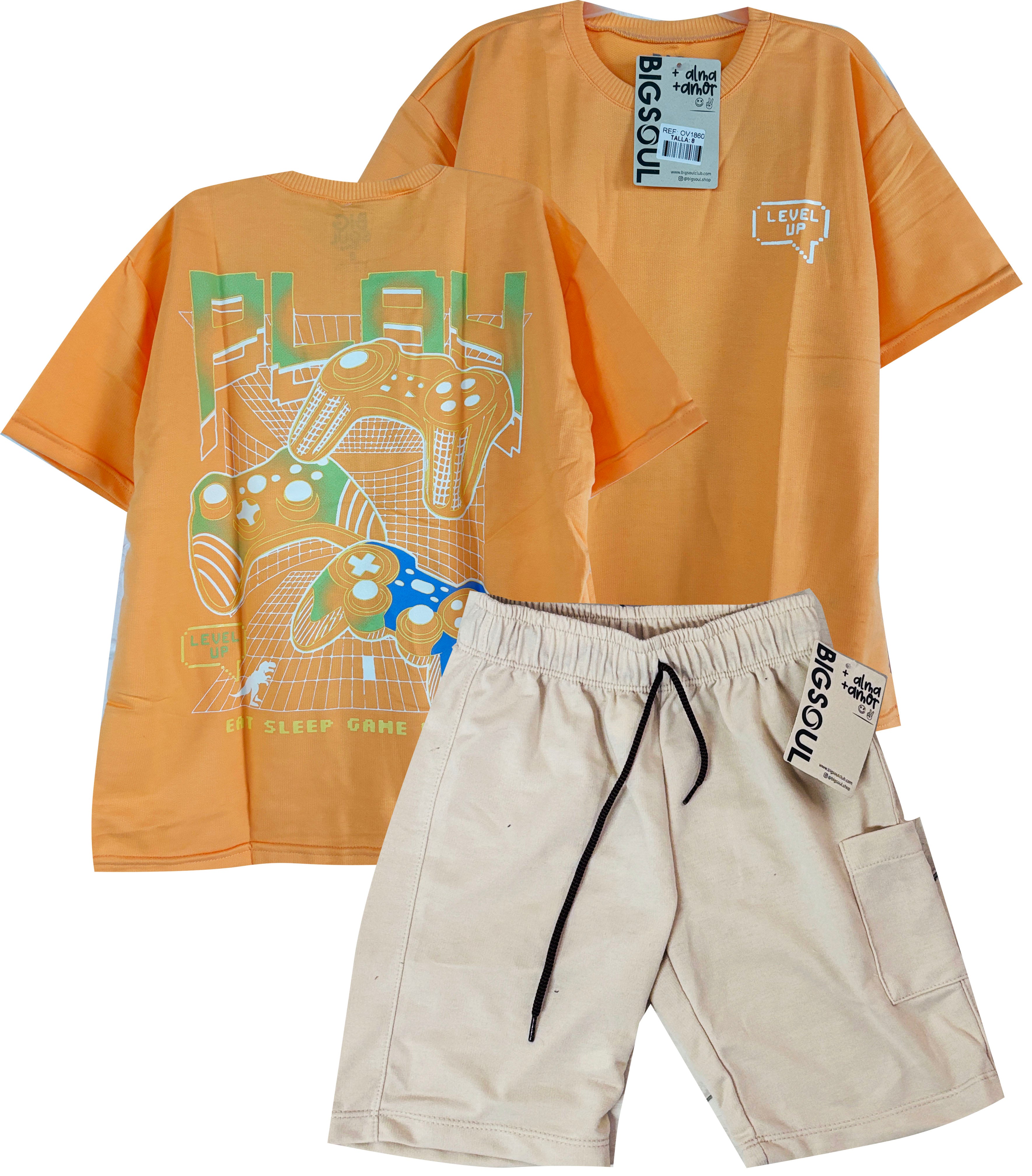 C1860 CONJUNTO CAMISETA  OVER SIZE NARANJA PASTEL/ BERMUDA KAKY