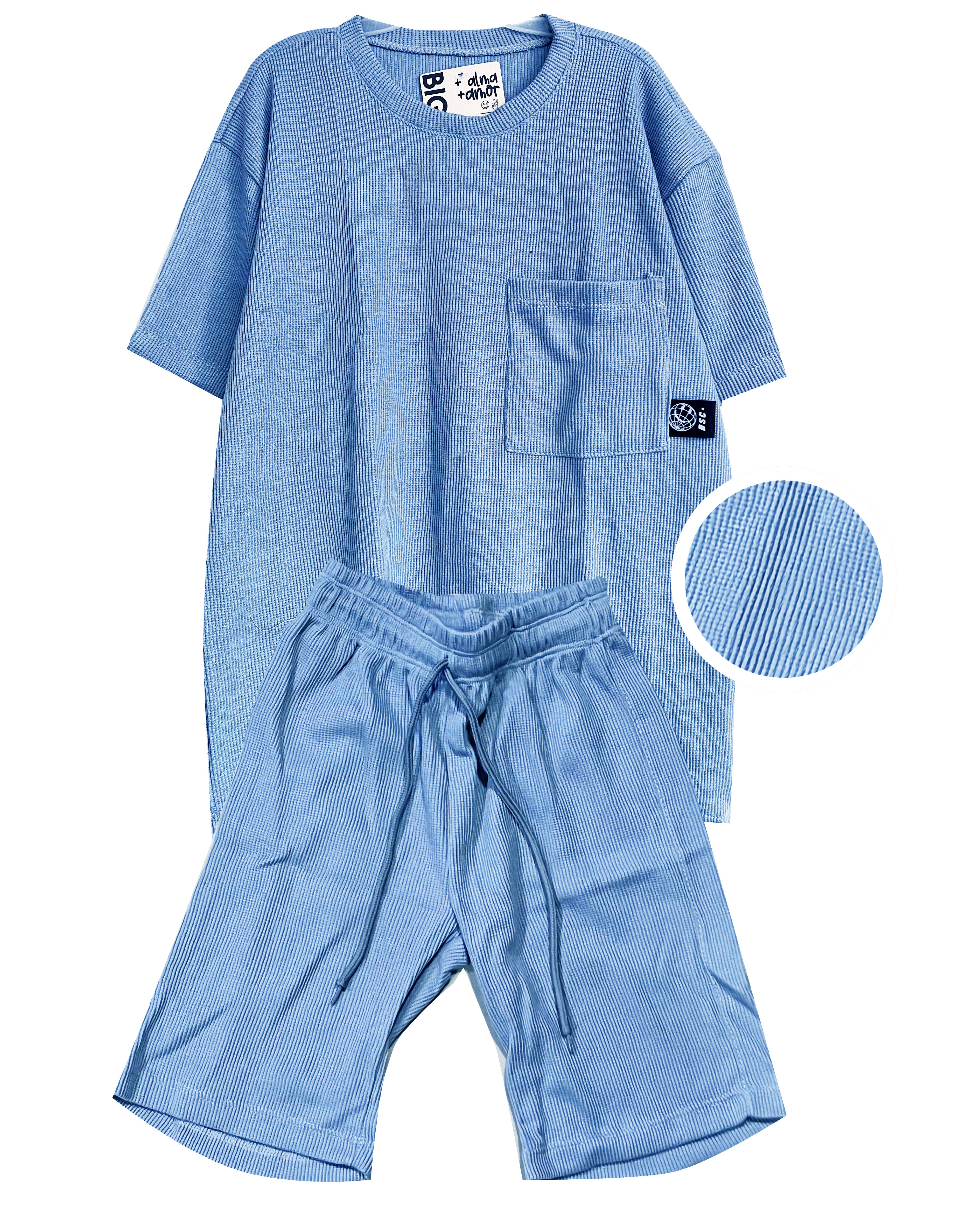 C1865 CONJUNTO UNICOLOR  TELA GALLETA COLOR  AZUL CIELO