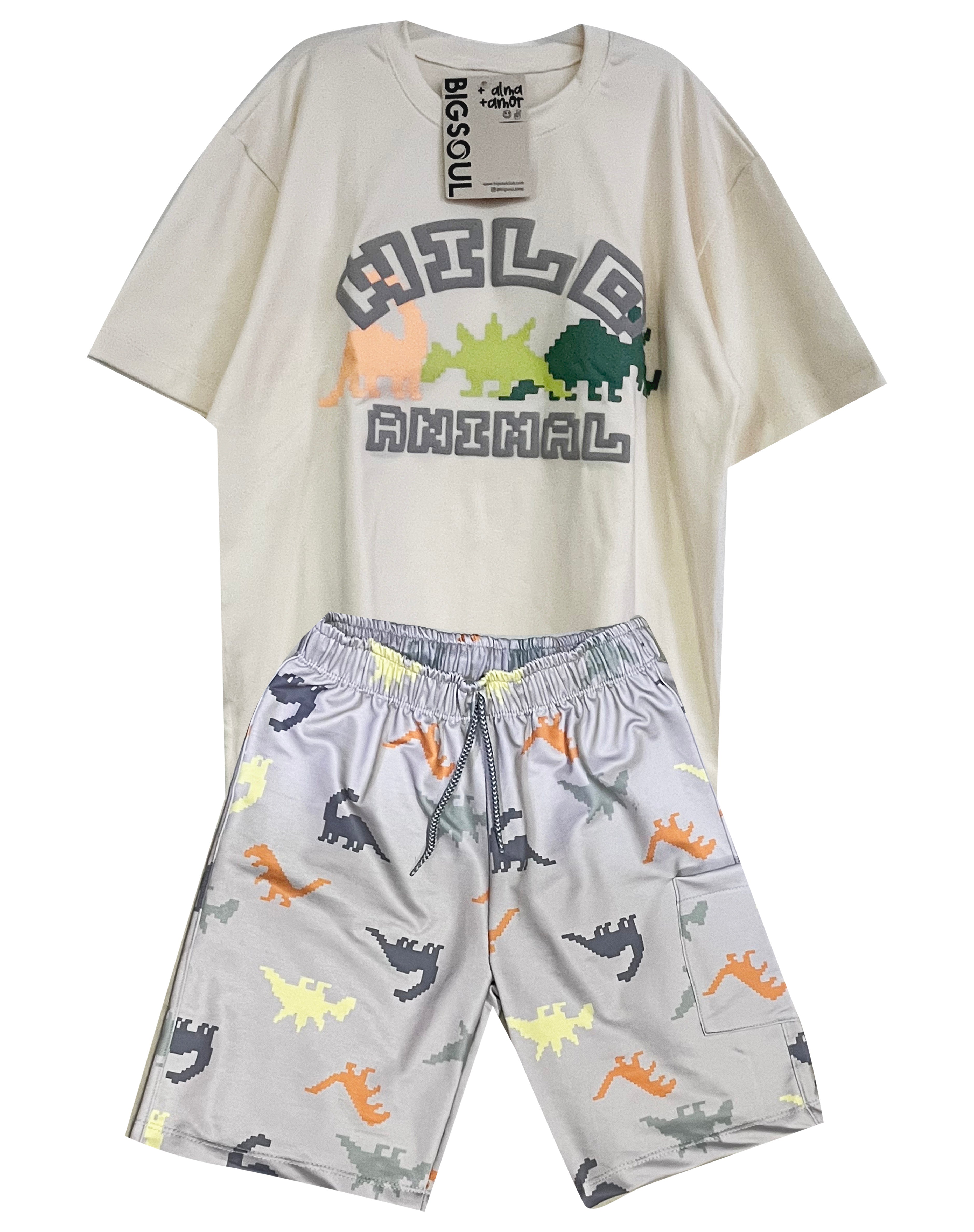 C1866 CONJUNTO CAMISETA OVER SIZE  MARFIL ALGODON/ BERMUDA BURDA SUBLIMADA