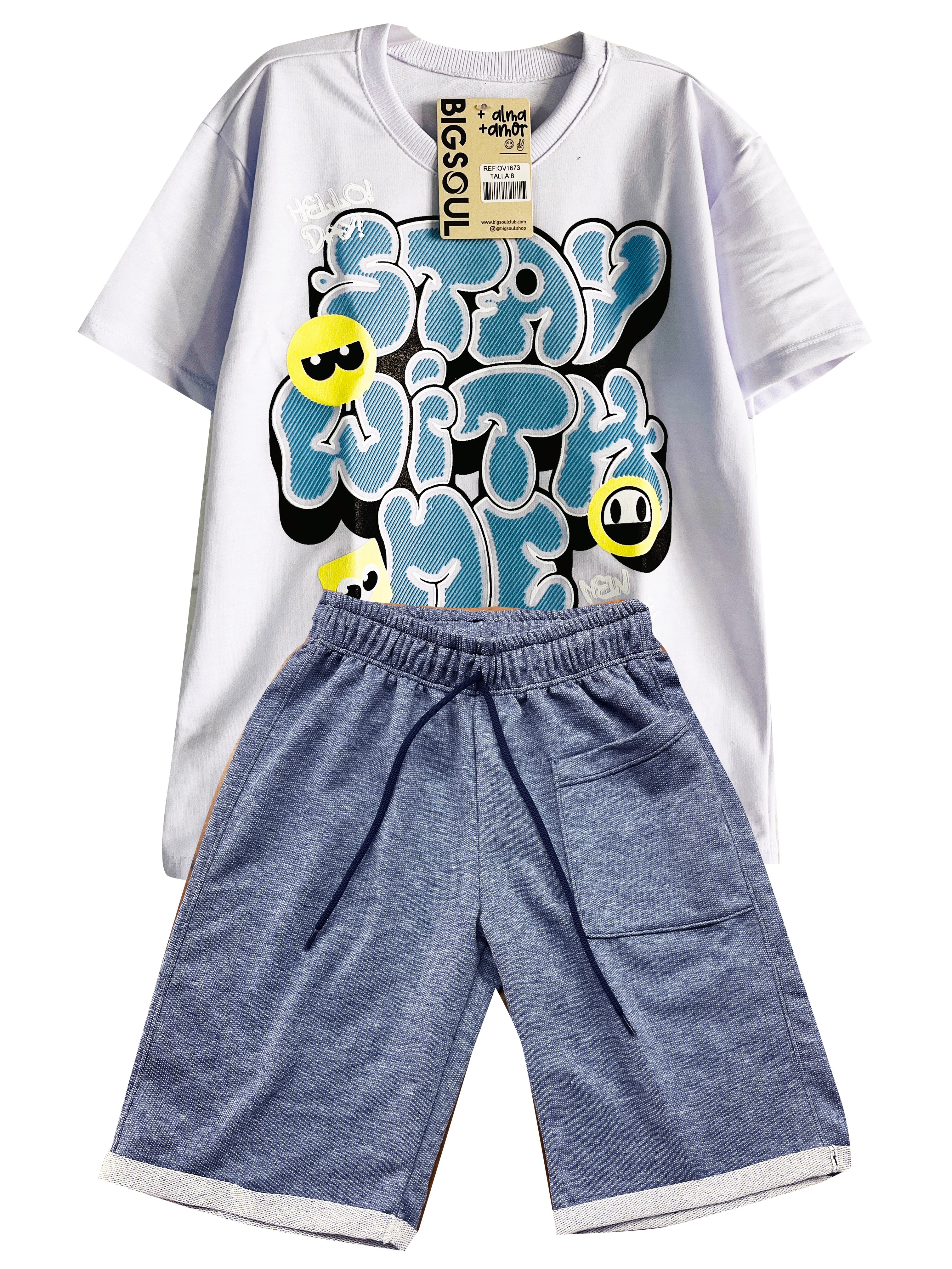 C1873 CONJUNTO UNICOLOR OVER SIZE BLANCO/ BERMUDA BURDA COLOR INDIGO
