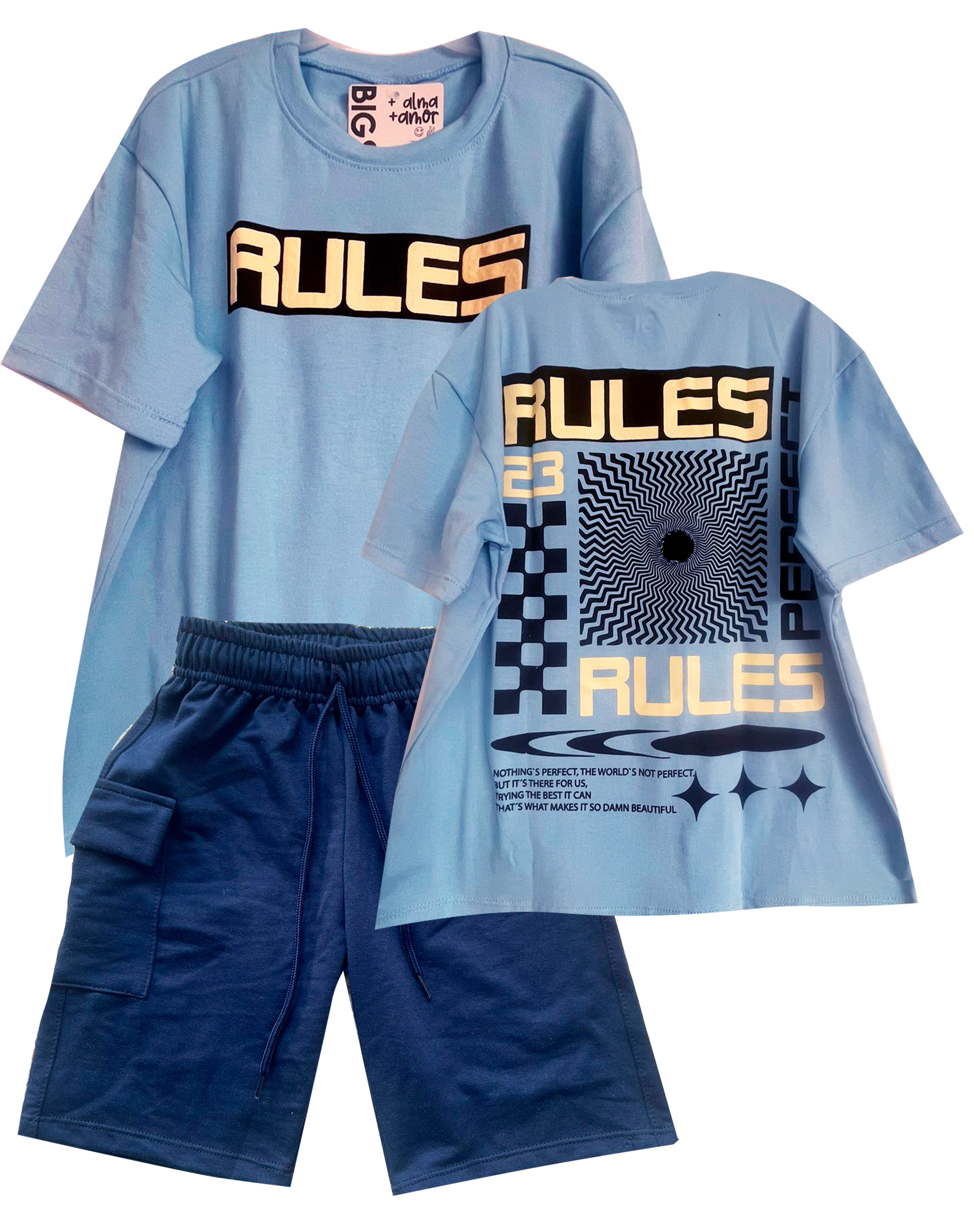 C1892 CONJUNTO CAMISETA OVERSIZE HORTENCIA/ BERMUDA AZUL OSCURO TELA BURDA