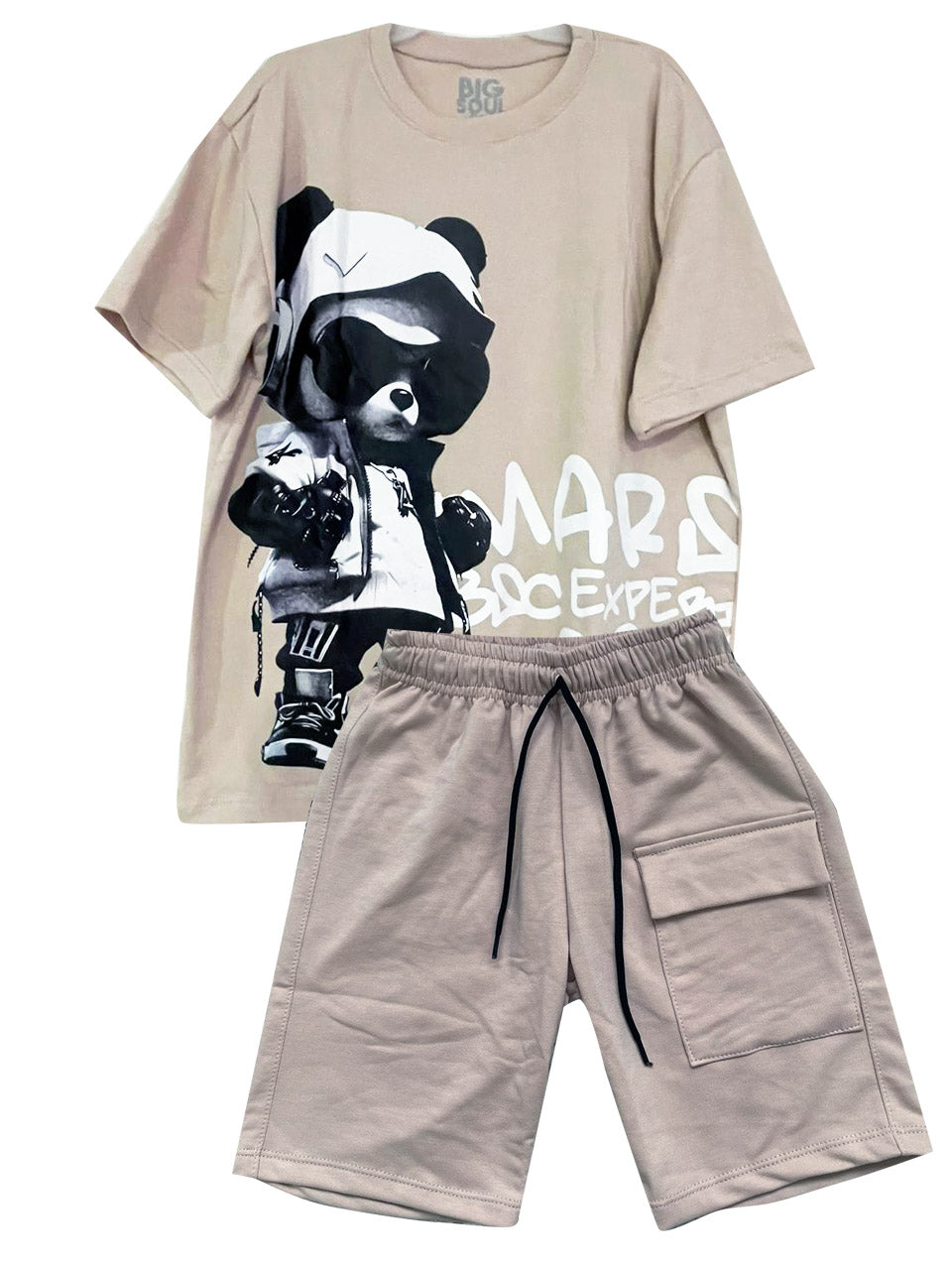 C1891 CONJUNTO CAMISETA OVERSIZE KAKY/ BERMUDA KAKY TELA BURDA