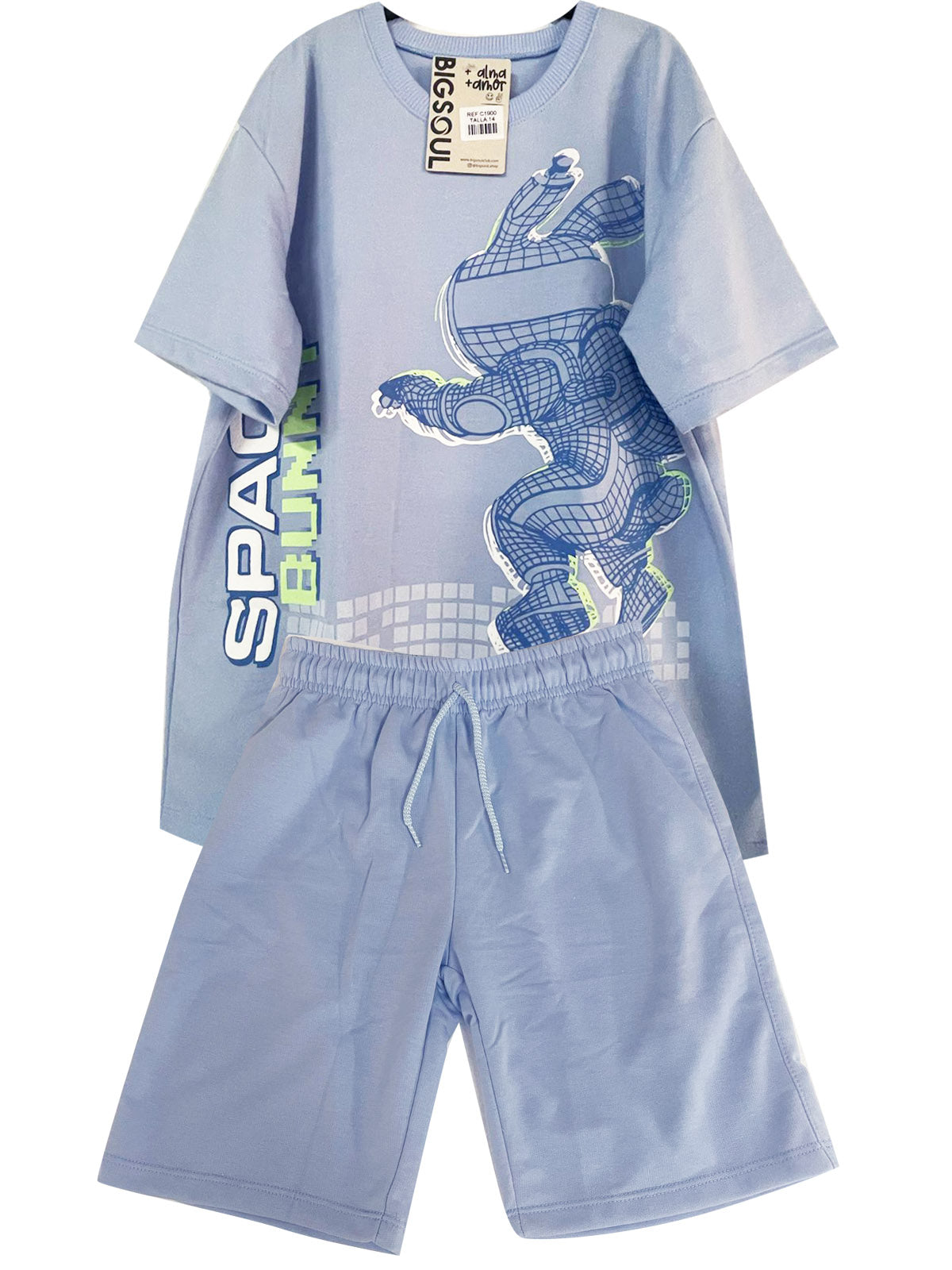 C1900 CONJUNTO  UNICOLOR CAMISETA OVER SIZE AZUL CIELO / BERMUDA AZUL CIELO