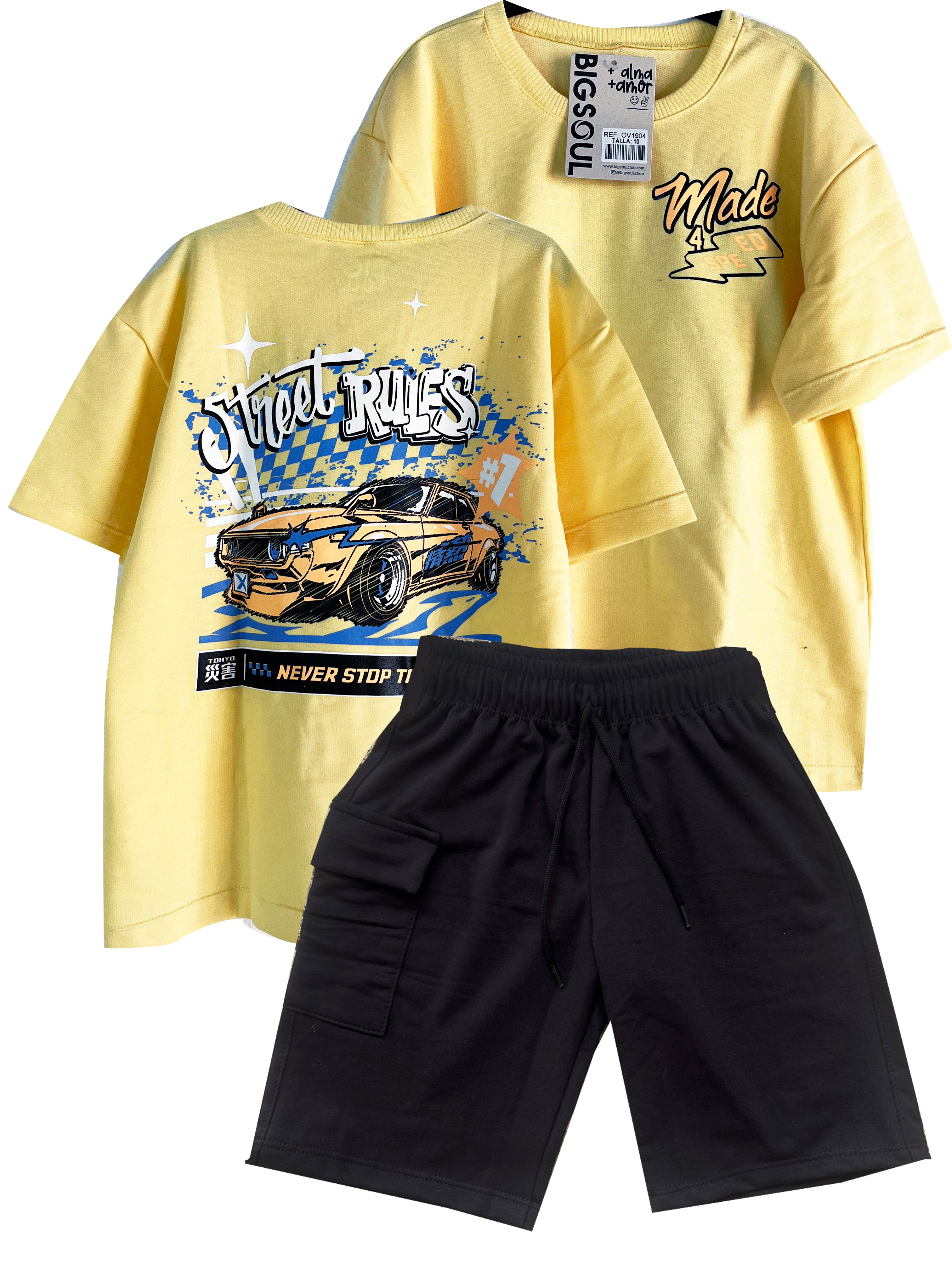 C1904 CONJUNTO   CAMISETA OVER SIZE AMARILLO / BERMUDA NEGRO BOLSILLO CARGO
