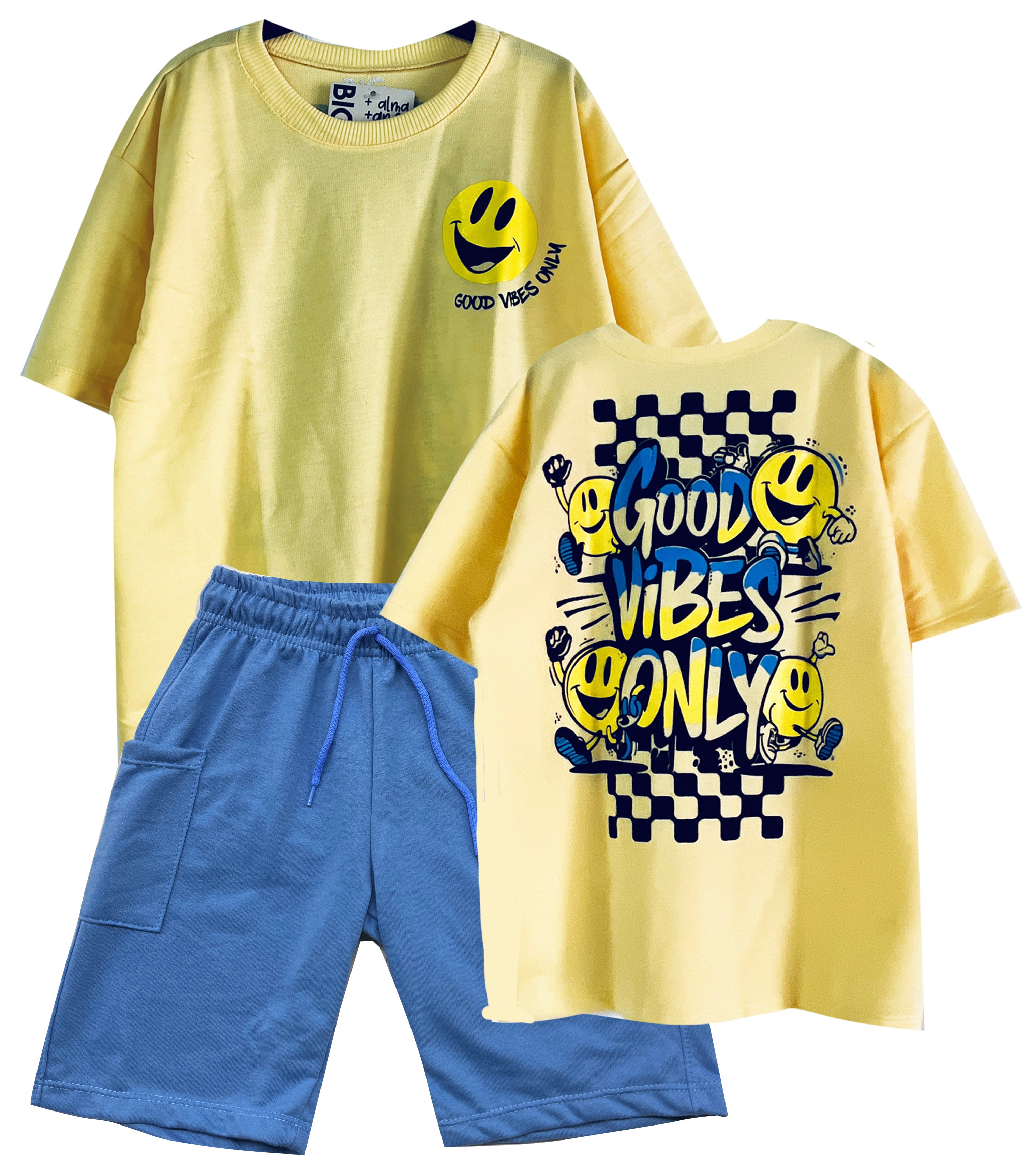 C1905 CONJUNTO  UNICOLOR CAMISETA OVER SIZE AMARILLO / BERMUDA HORTENCIA