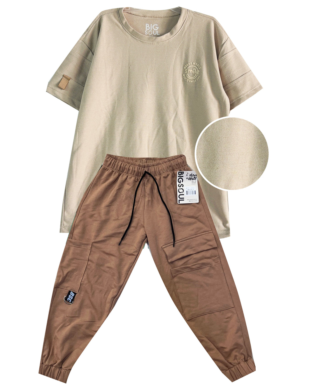 CJ19220  CONJUNTO CAMISETA OVER SIZE KAKY TEXTURA/ JOGGER TABACO