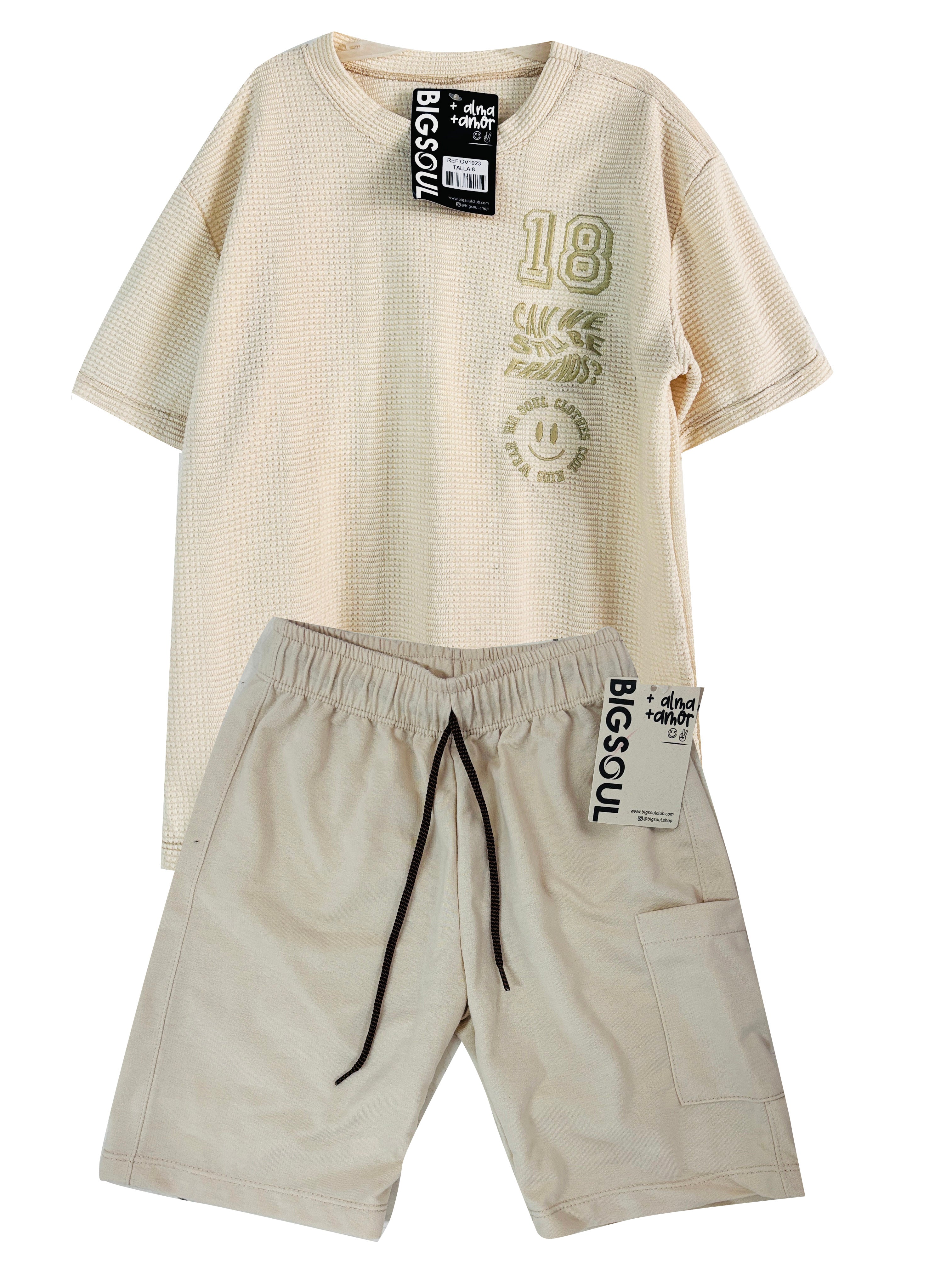 C1923 CONJUNTO CAMISETA  OVER SIZE TEXTURA / BERMUDA KAKY