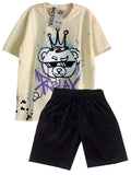 C1928 CONJUNTO CAMISETA OVER SIZE MARFIL/ BERMUDA BURDA NEGRO