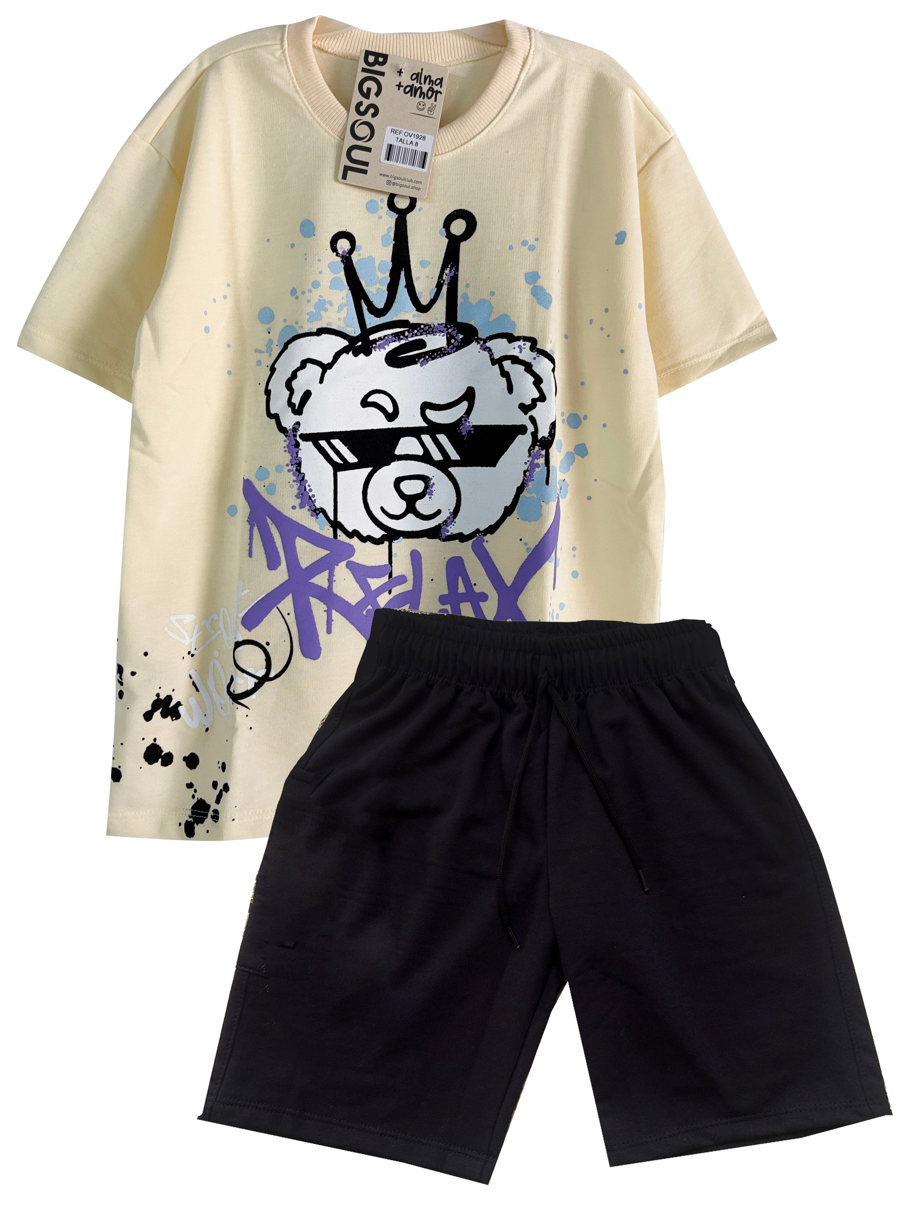 C1928 CONJUNTO CAMISETA OVER SIZE MARFIL/ BERMUDA BURDA NEGRO