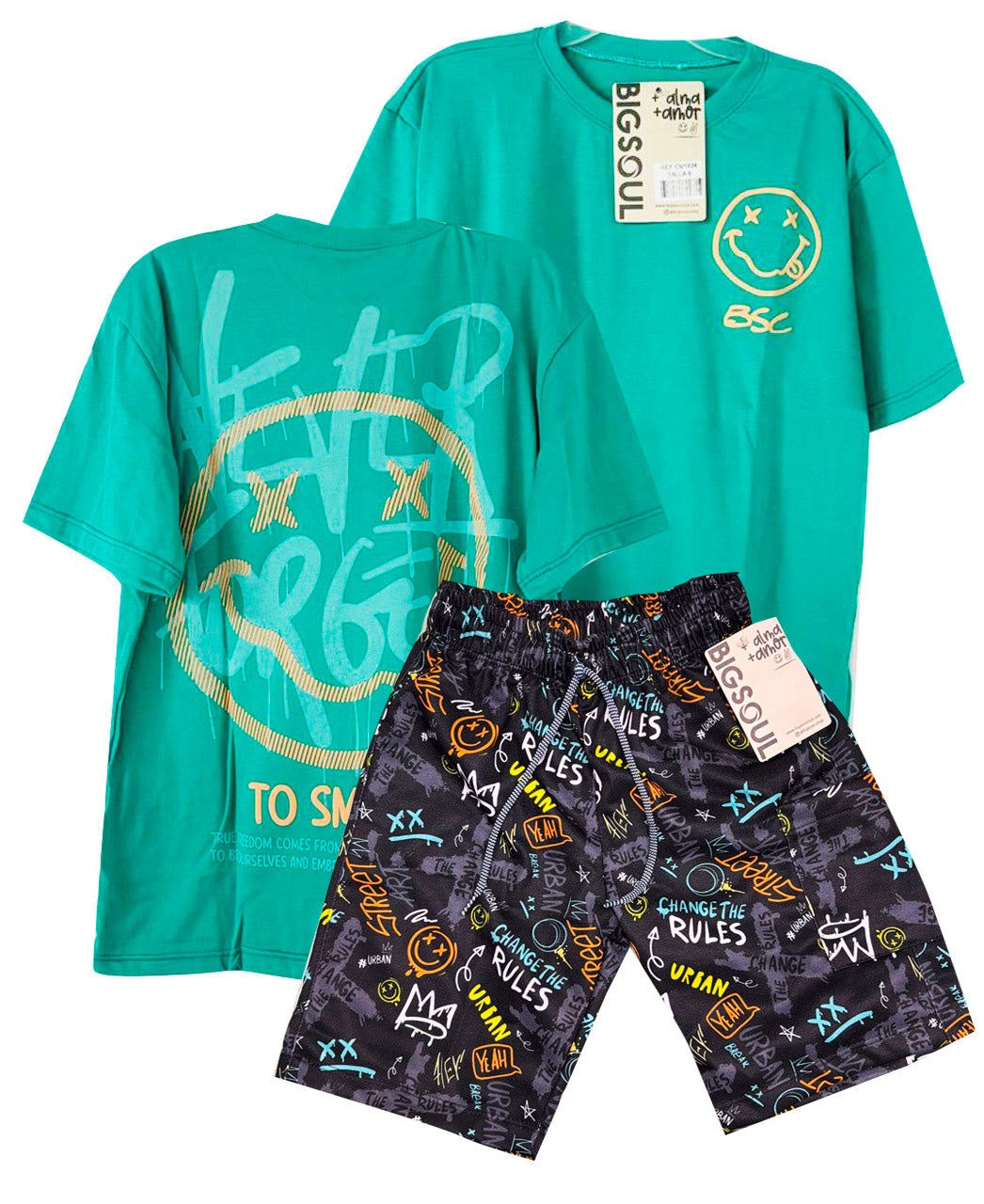 C1934 CONJUNTO  CAMISETA OVER SIZE VERDE JADE/ BERMUDA BURDA ESTAMPADA URBAN
