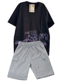 C1942 CONJUNTO CAMISETA OVER SIZE NEGRO/ BERMUDA BURDA GRIS JASPE