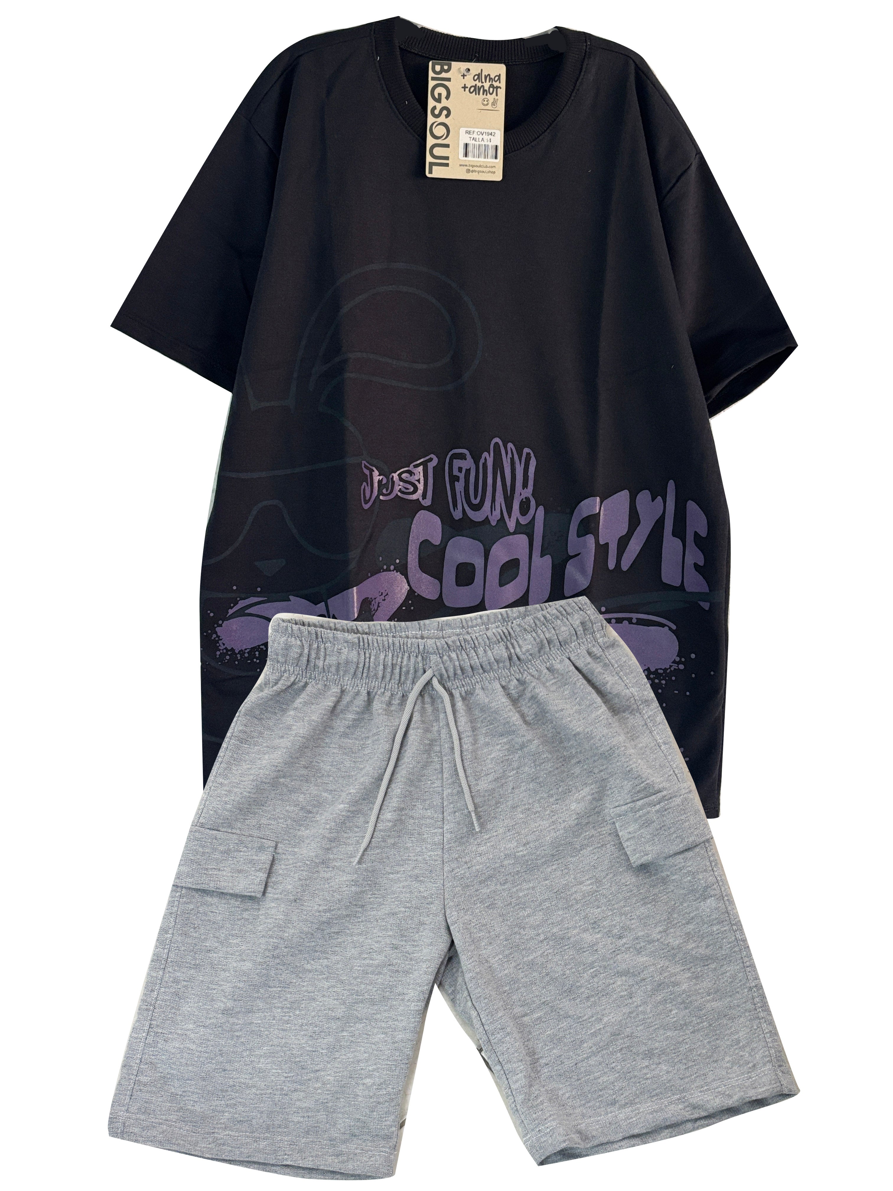 C1942 CONJUNTO CAMISETA OVER SIZE NEGRO/ BERMUDA BURDA GRIS JASPE