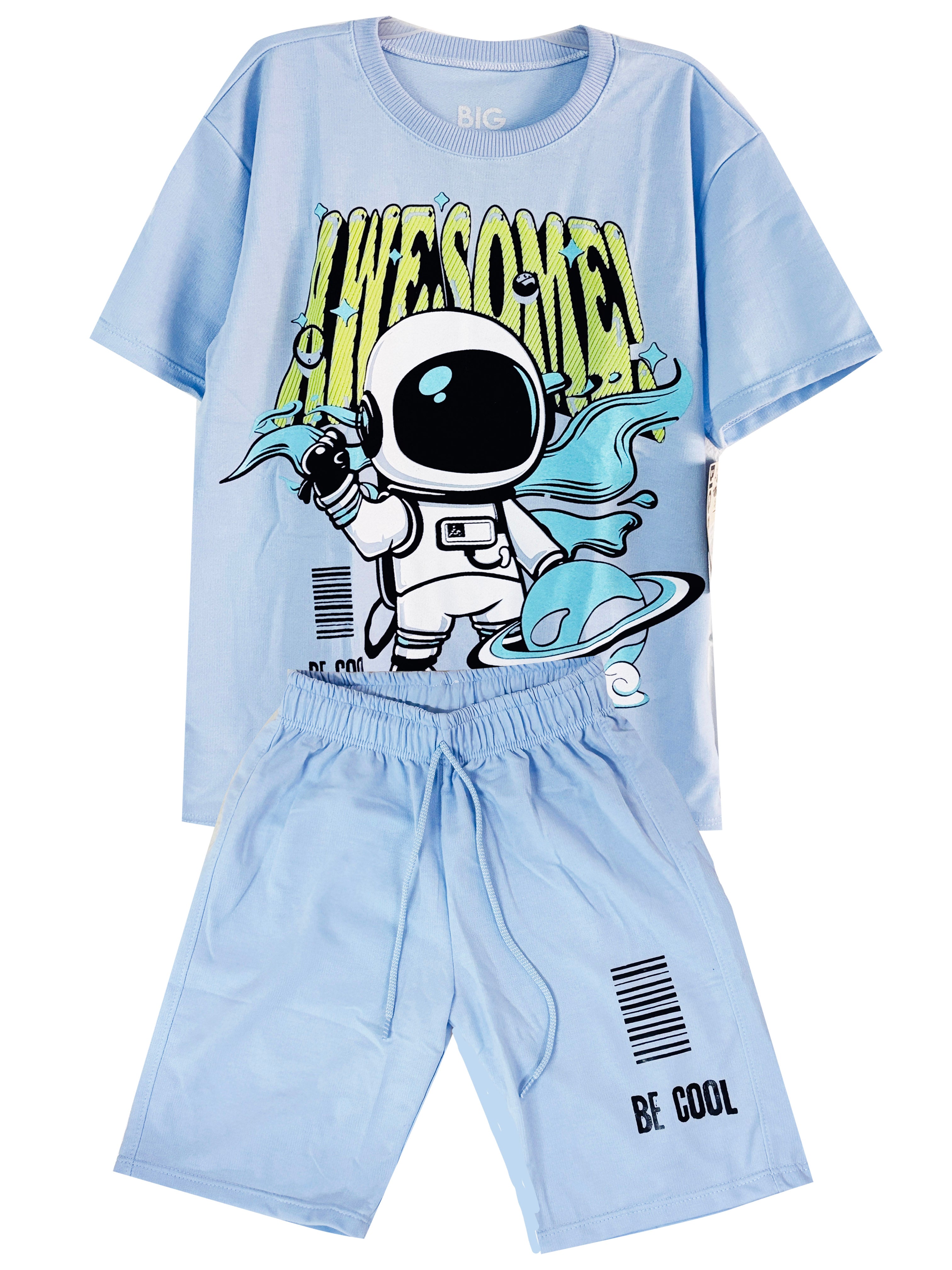 C2068 CONJUNTO UNICOLOR OVER SIZE  Y BERMUDA AZUL CIELO