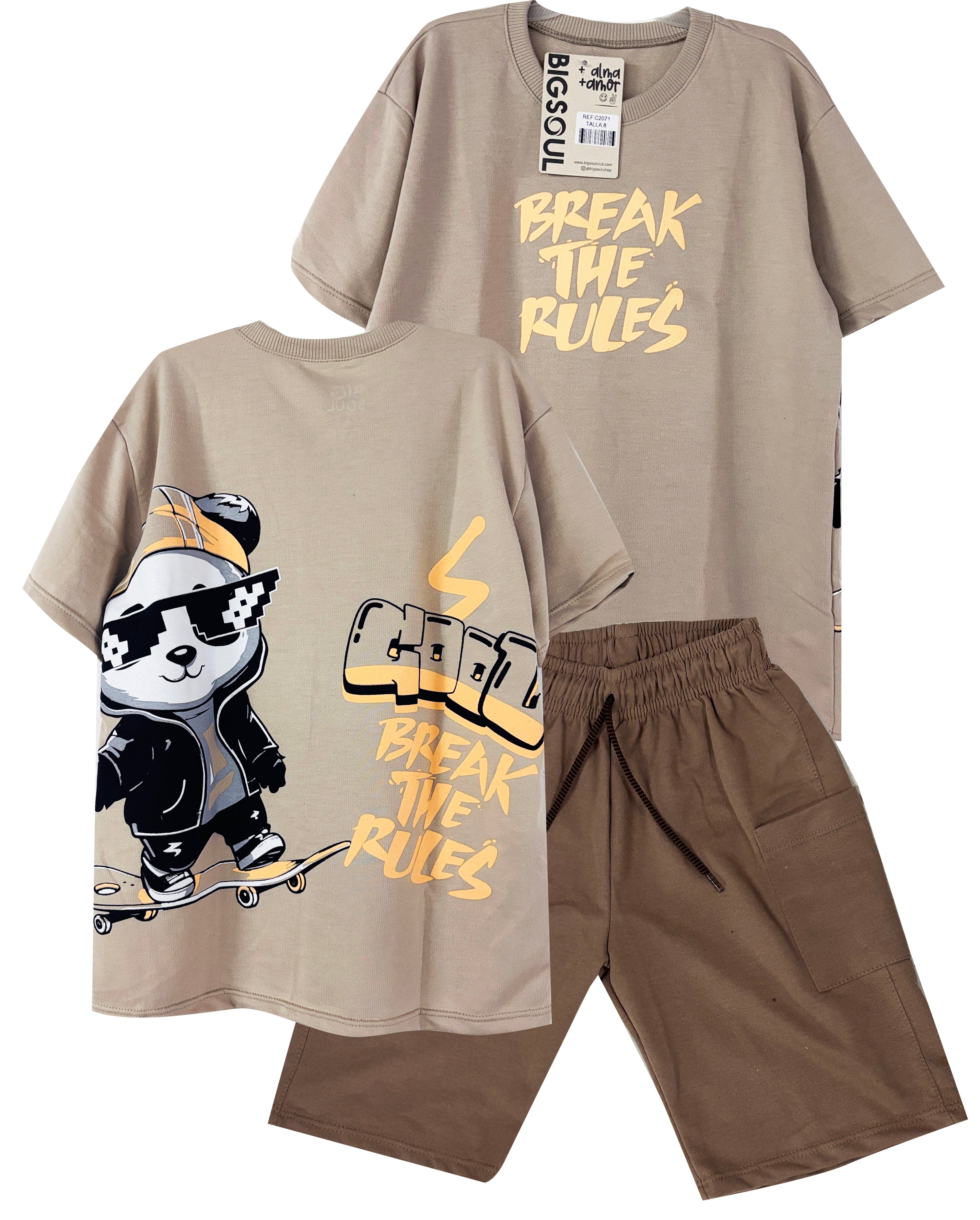 C2071 CONJUNTO CAMISETA  OVER SIZE KAKY Y BERMUDA TABACO