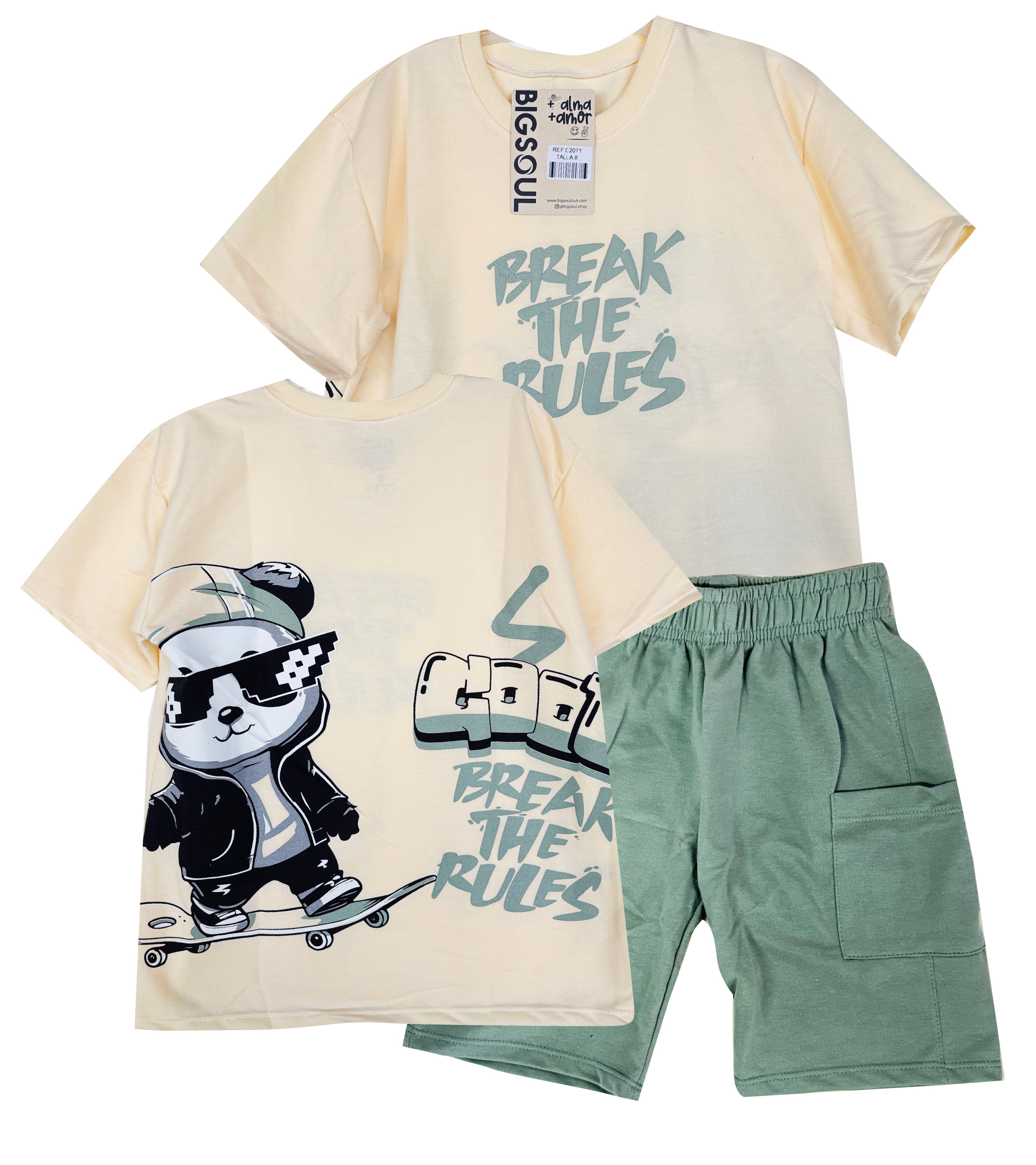 C2071 CONJUNTO CAMISETA  OVER SIZE MARFILY BERMUDA VD OLIVA