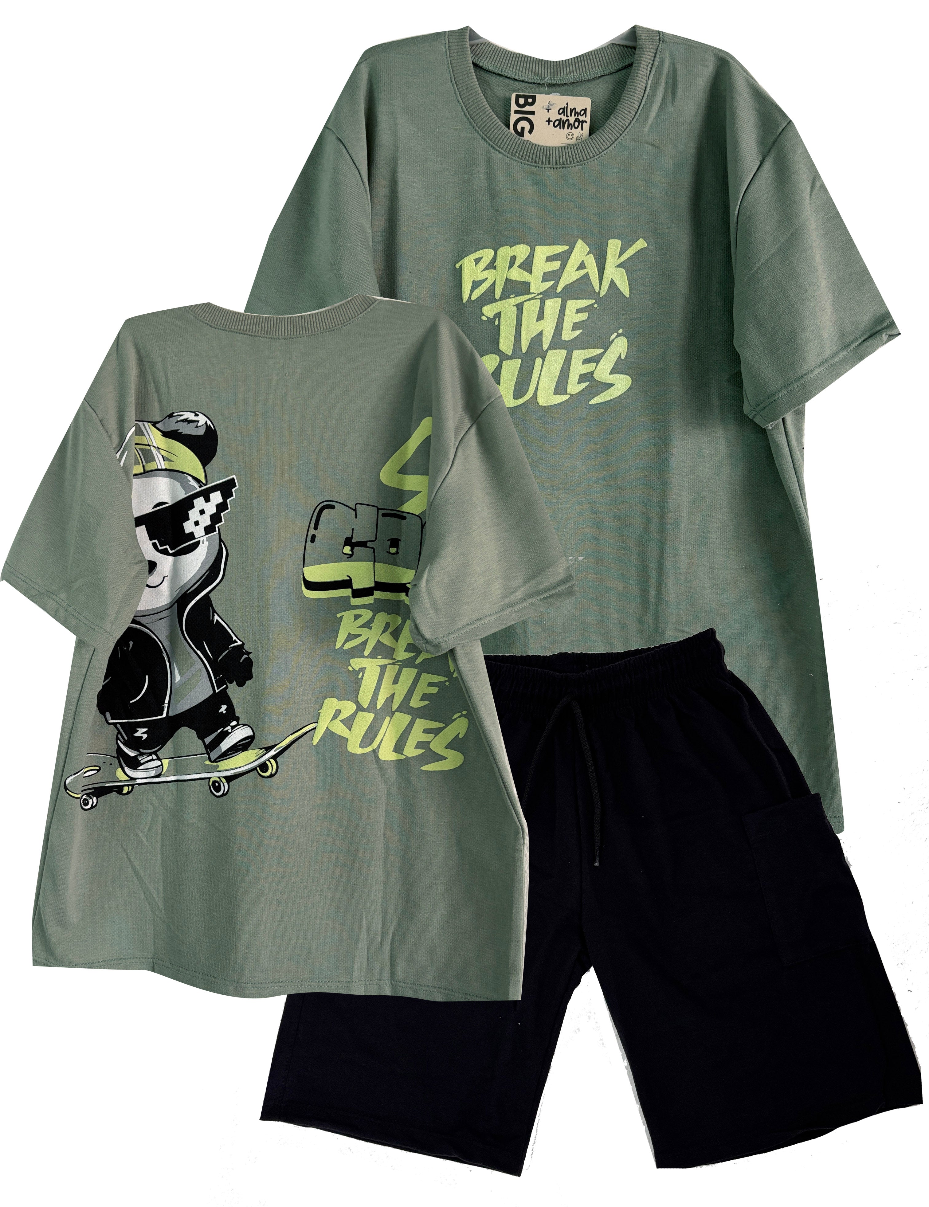 C2071 CONJUNTO CAMISETA  OVER SIZE VERDE MILITAR / BERMUDA NEGRO