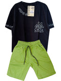 C2072 CONJUNTO CAMISETA  OVER SIZE NEGRO/ BERMUDA VERDE MANZANA