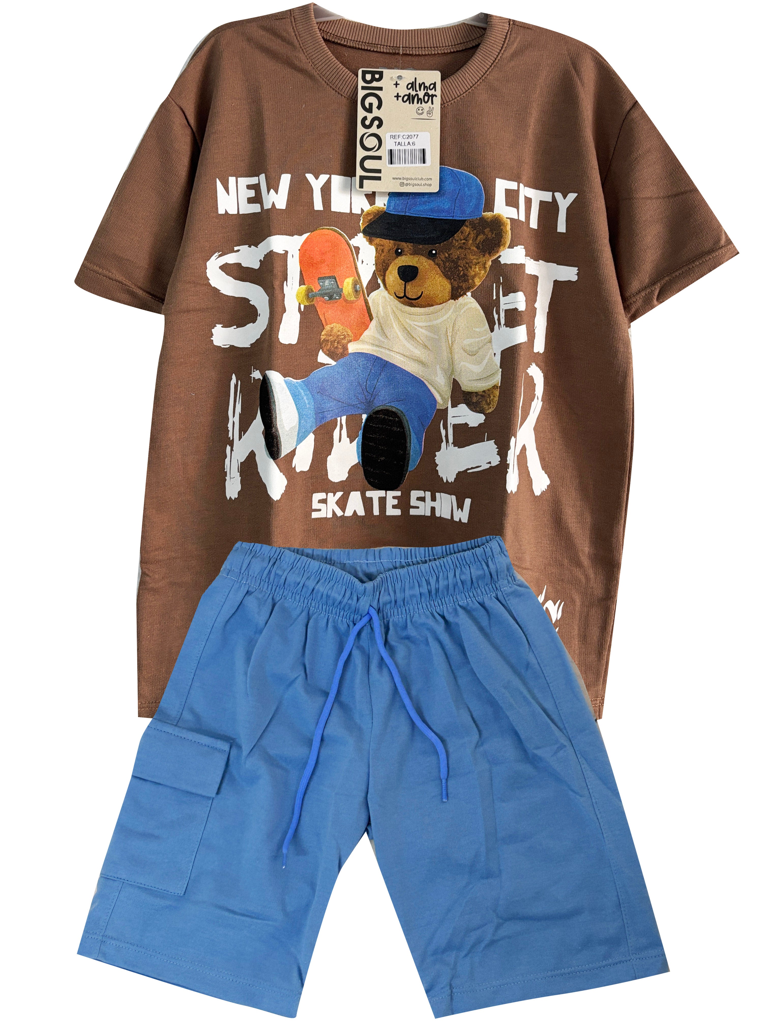C2077 CONJUNTO CAMISETA  OVER SIZE TABACO/ BERMUDA HORTENCIA
