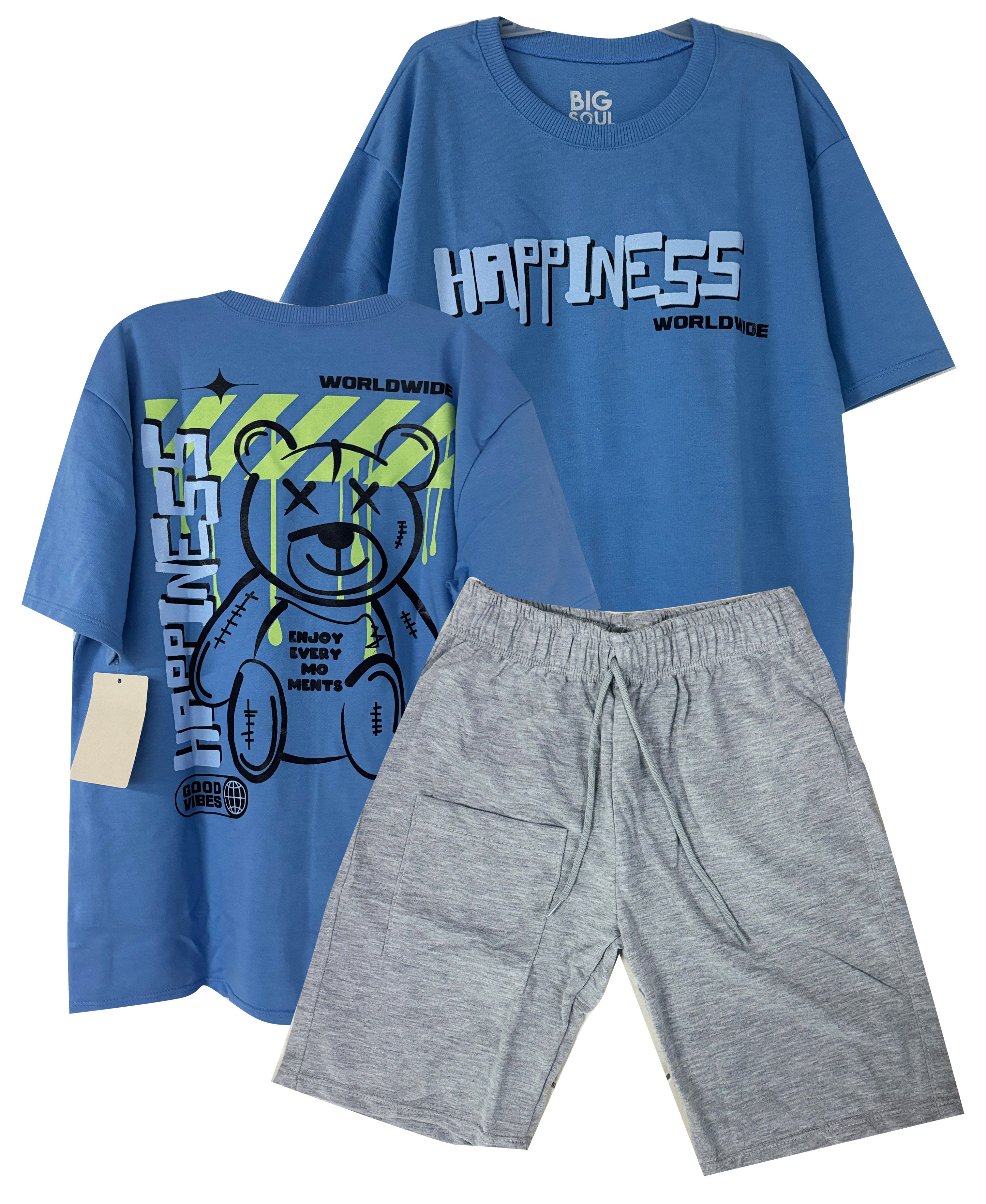 C2078 CONJUNTO CAMISETA  OVER SIZE HORTENCIA / BERMUDA GRIS JASPE