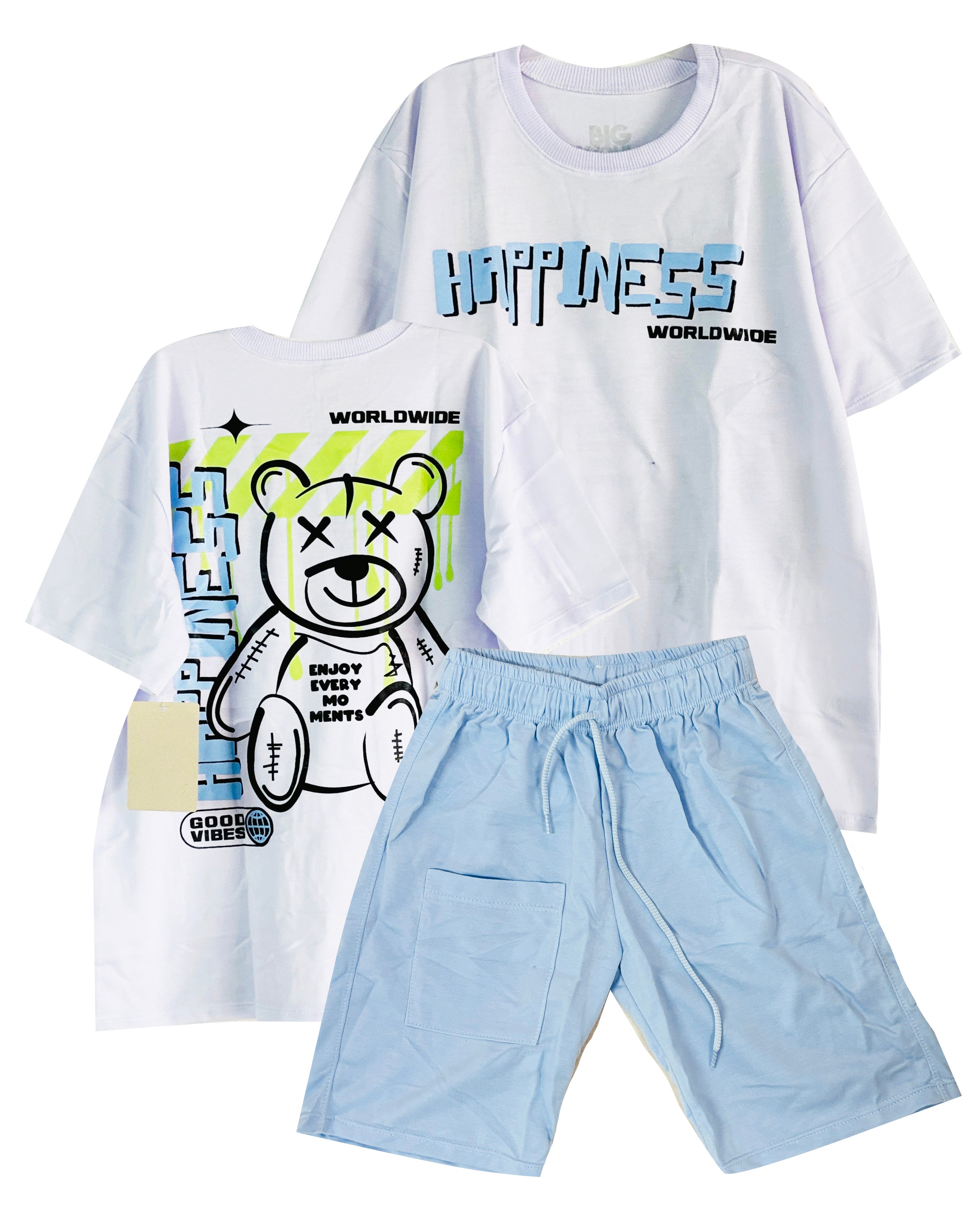 C2078 CONJUNTO CAMISETA  OVER SIZE BLANCO/ BERMUDA AZUL CIELO