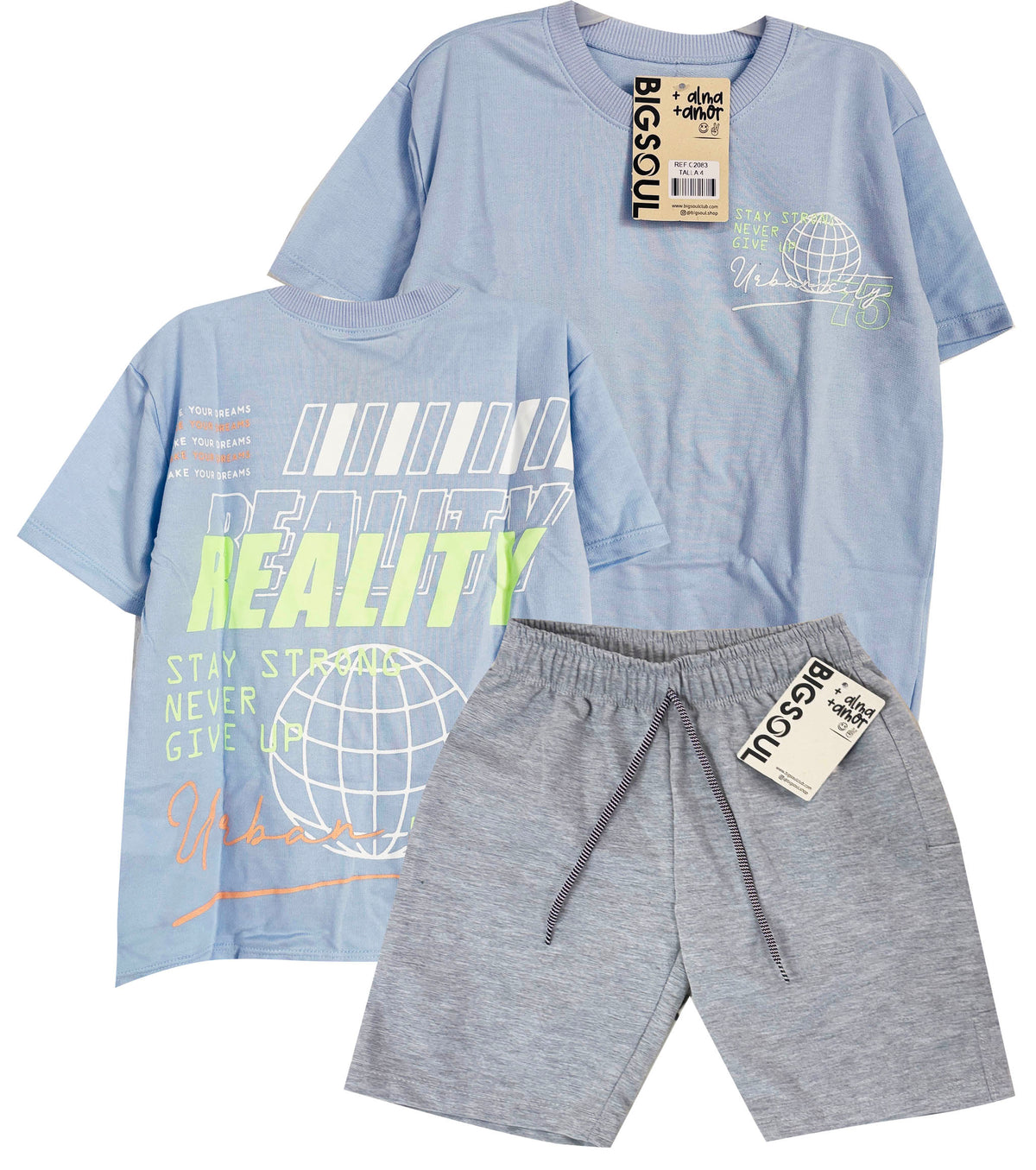 C2083 CONJUNTO CAMISETA OVER SIZE AZUL CIELO/ BERMUDA GRIS JASPE