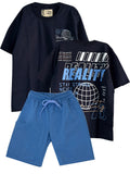 C2083 CONJUNTO CAMISETA OVER SIZE AZUL OSC/ BERMUDA HORTENCIA