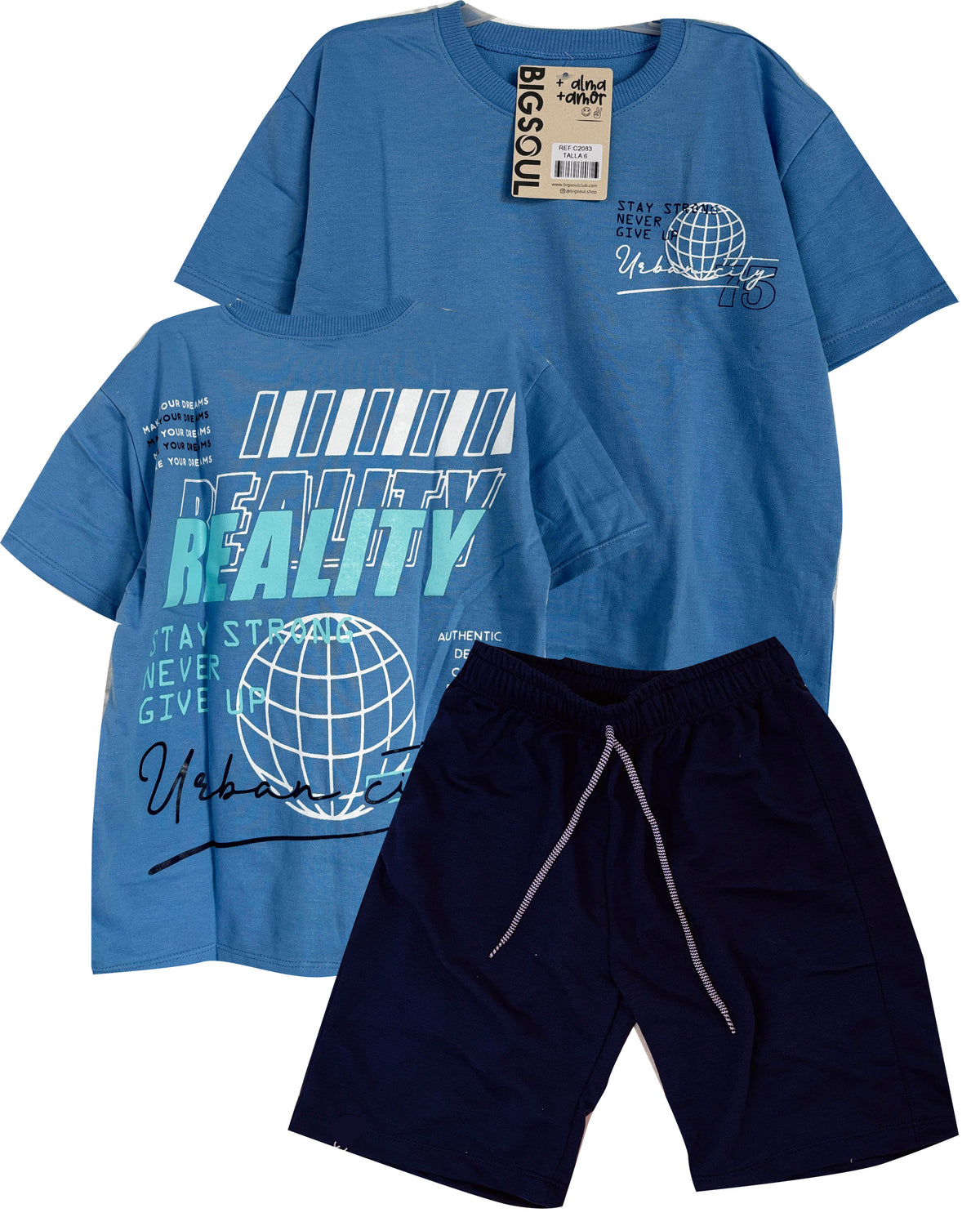 C2083 CONJUNTO CAMISETA OVER SIZE HORTENCIA/ BERMUDA AZUL OSCURO