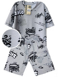 C2179 CONJUNTO UNICOLOR TEXTURA CAMISETA  OVER SIZE  / BERMUDA GRIS ESTAMPADO