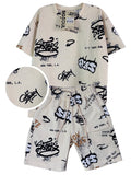 C2179 CONJUNTO UNICOLOR TEXTURA CAMISETA  OVER SIZE  / BERMUDA MARFIL ESTAMPADO