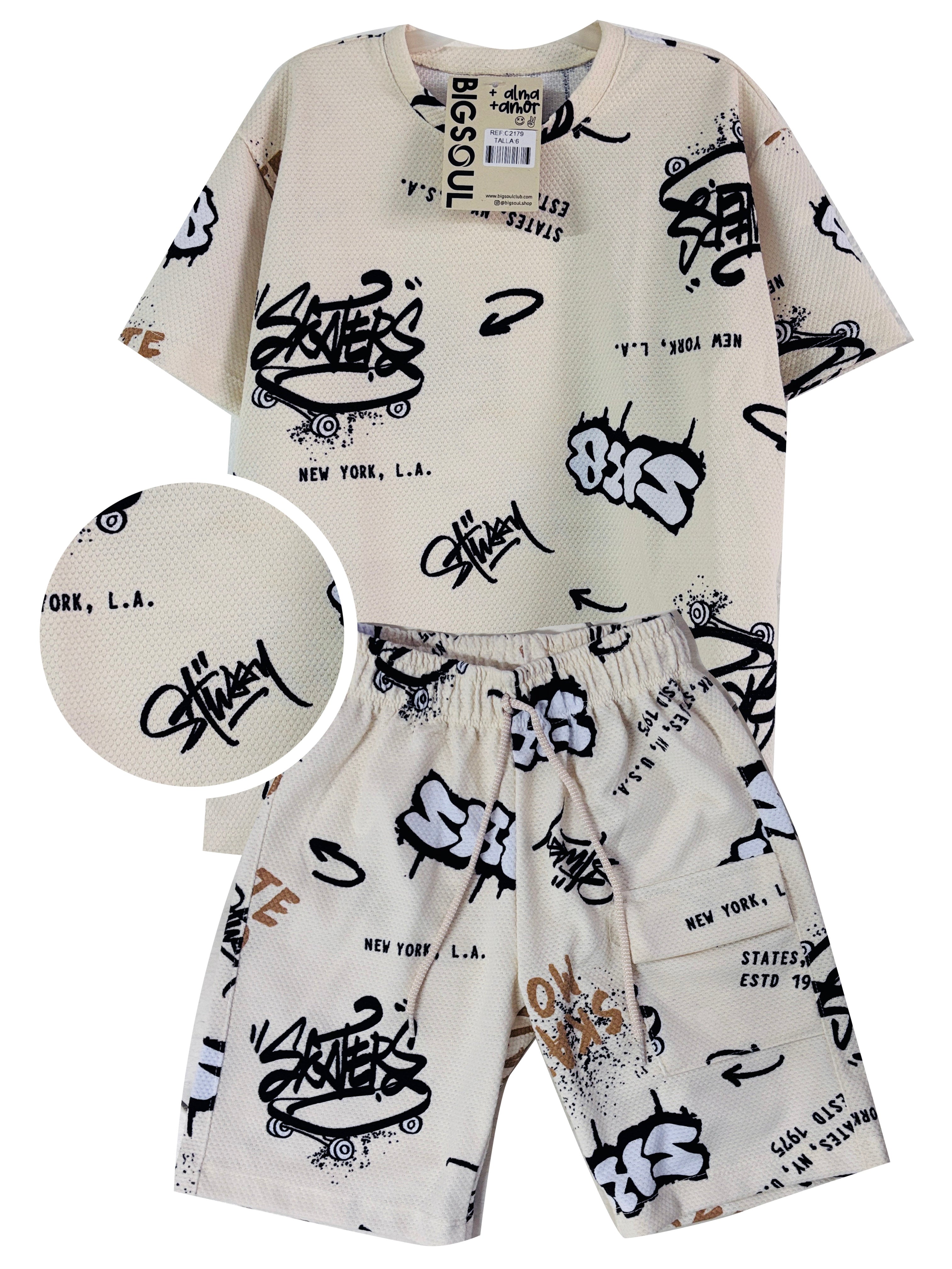 C2179 CONJUNTO UNICOLOR TEXTURA CAMISETA  OVER SIZE  / BERMUDA MARFIL ESTAMPADO