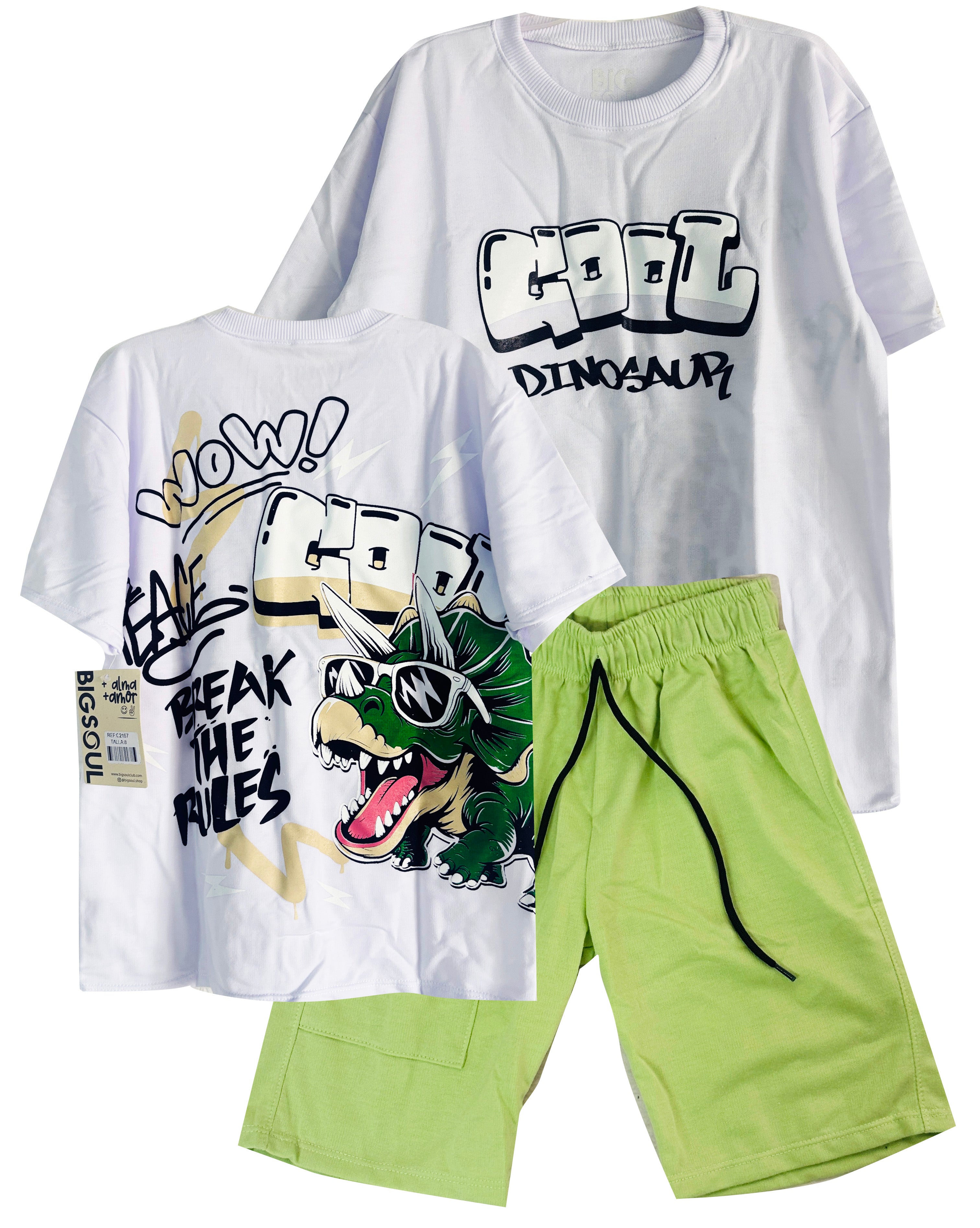 C2197 CONJUNTO CAMISETA  OVER SIZE BLANCO / BERMUDA VERDE MANZANA