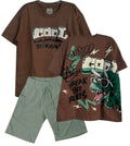 C2197 CONJUNTO CAMISETA  OVER SIZE CAFE / BERMUDA VERDE MILITAR