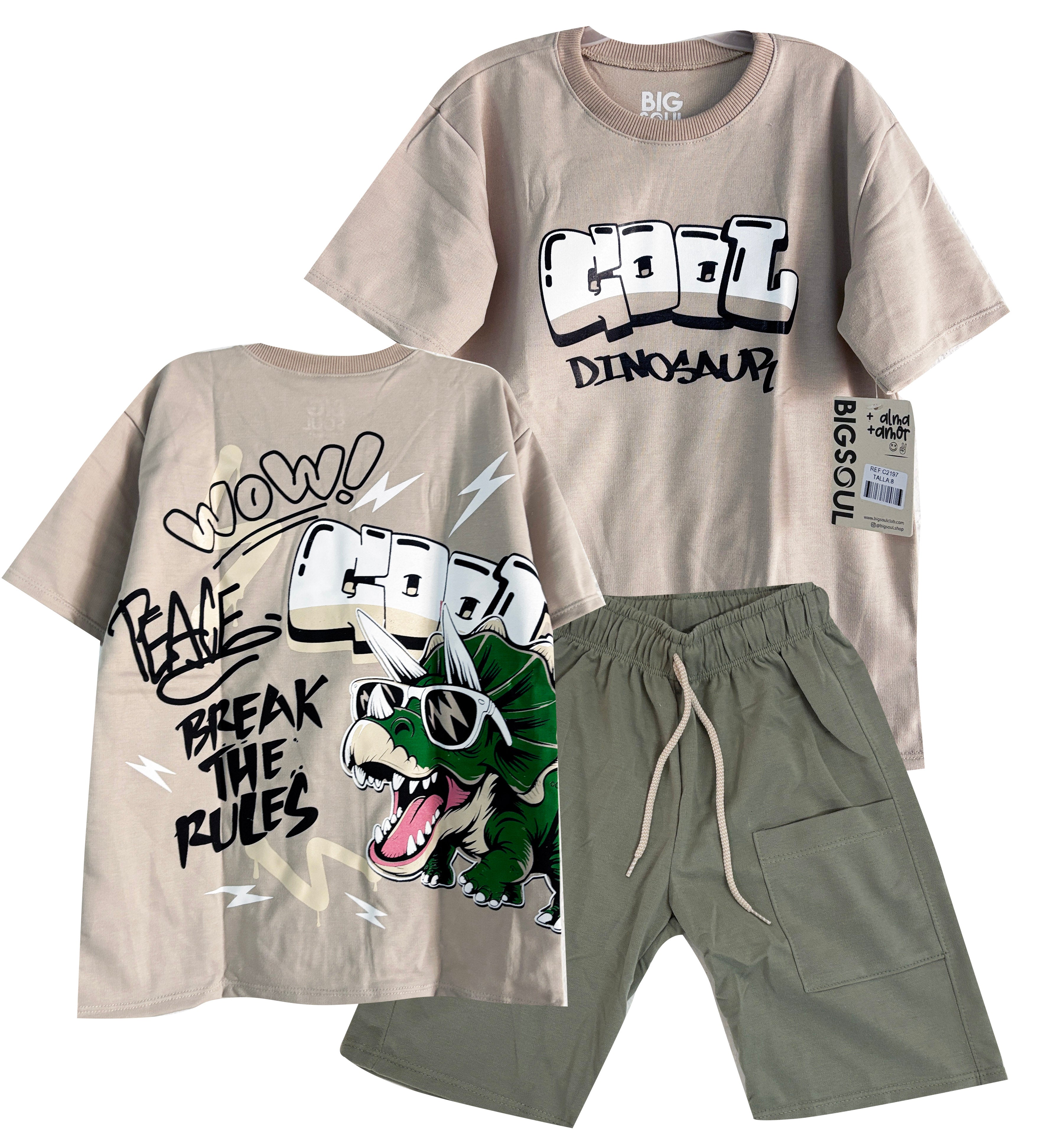 C2197 CONJUNTO CAMISETA  OVER SIZE KAKY / BERMUDA VERDE MILITAR