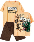 C2197 CONJUNTO CAMISETA  OVER SIZE MANDARINA / BERMUDA CAFE