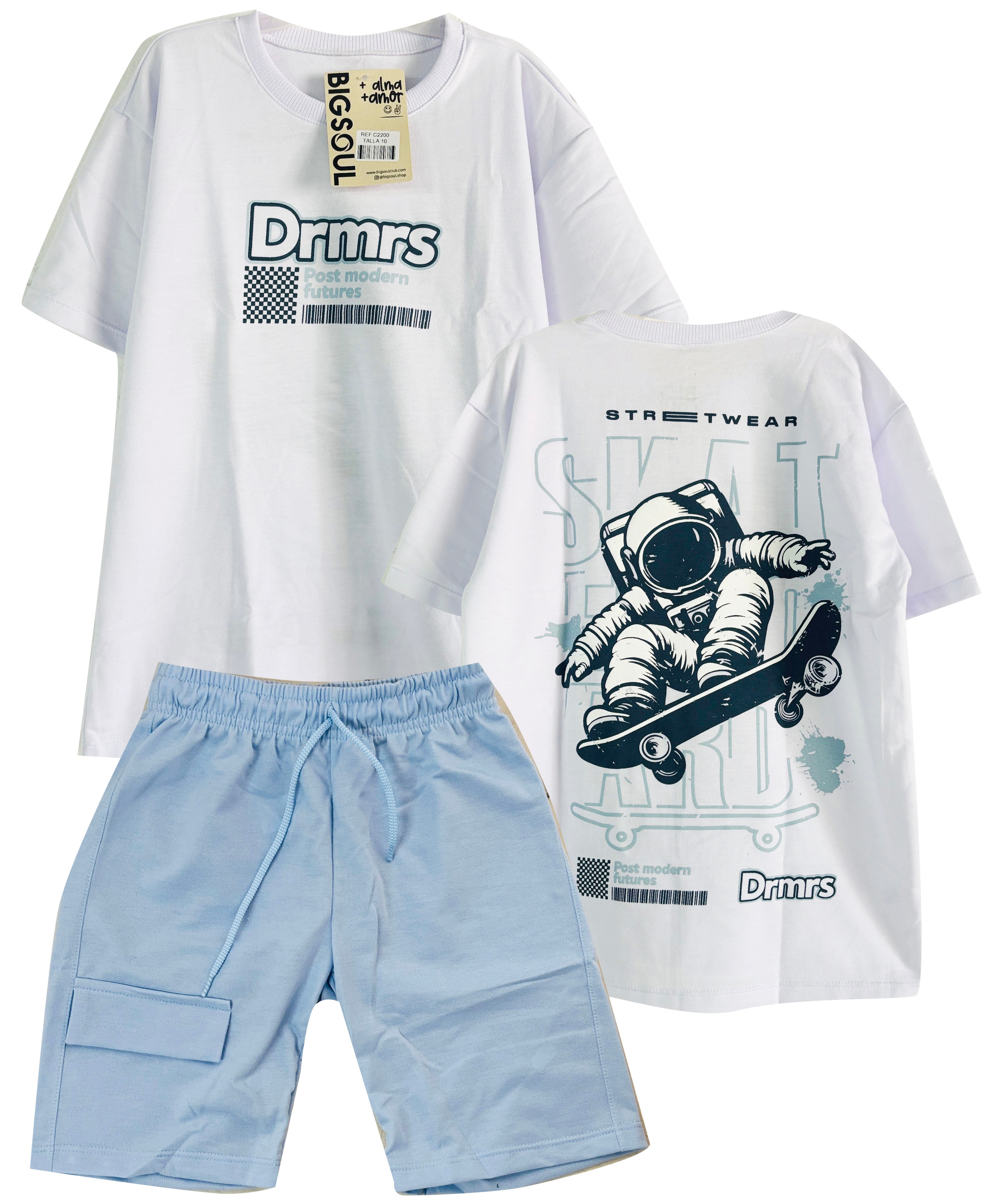 C2200 CONJUNTO CAMISETA  OVER SIZE BLANCO/ BERMUDA AZUL CIELO