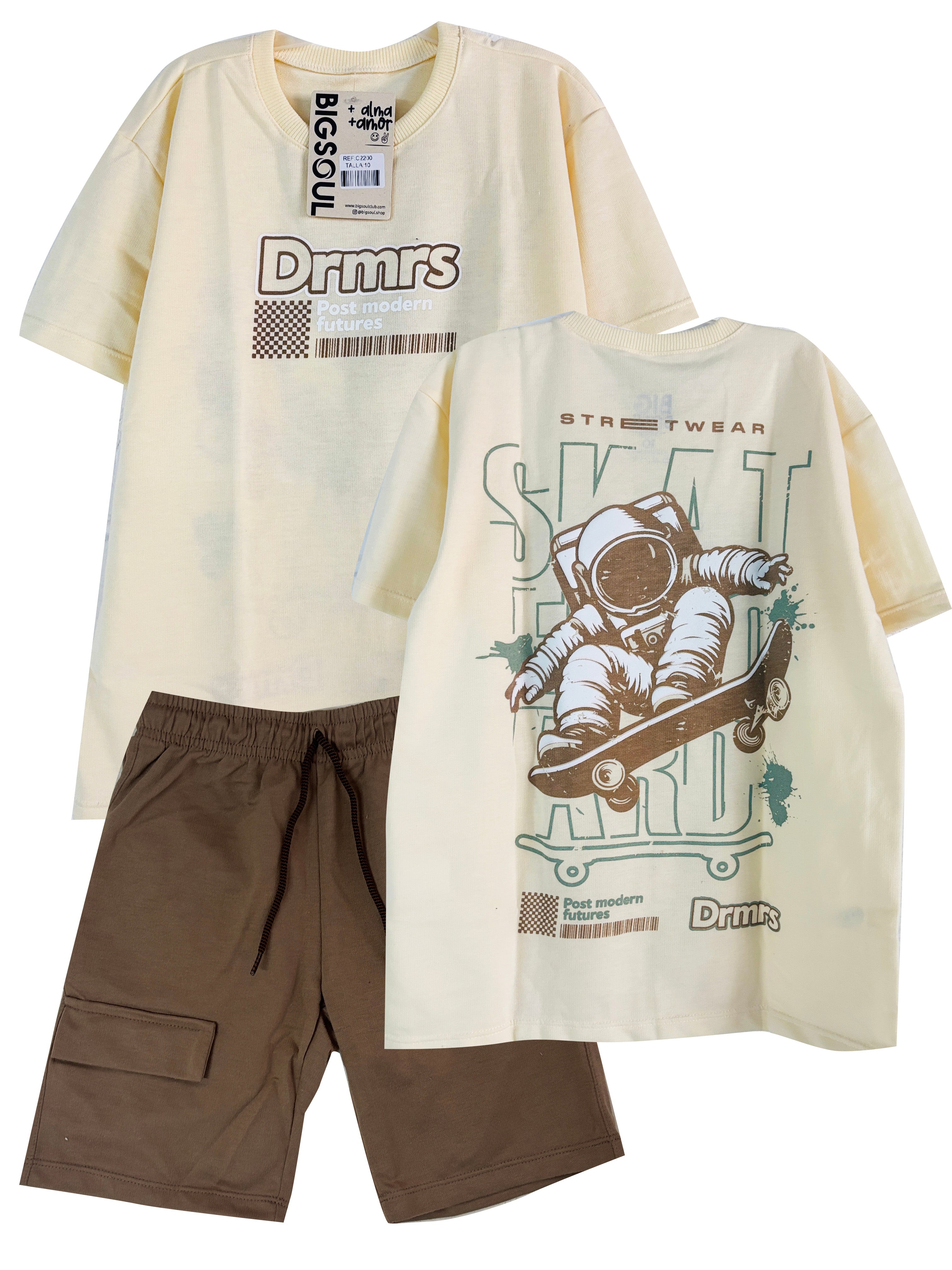 C2200 CONJUNTO CAMISETA  OVER SIZE MARFIL/ BERMUDA TABACO