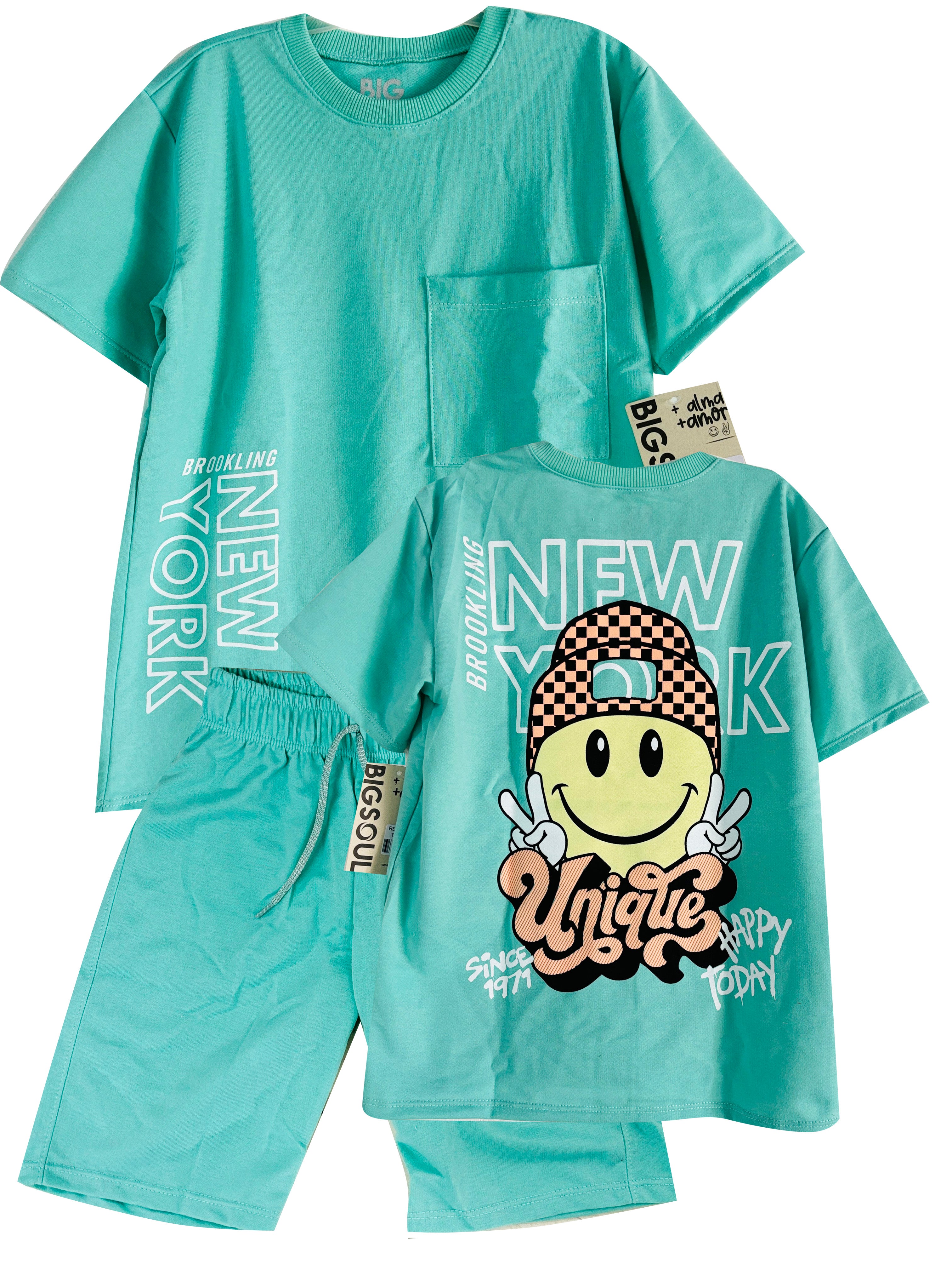 C2204 CONJUNTO UNICOLOR CAMISETA  OVER SIZE AGUAMARINA/ BERMUDA AGUAMARINA