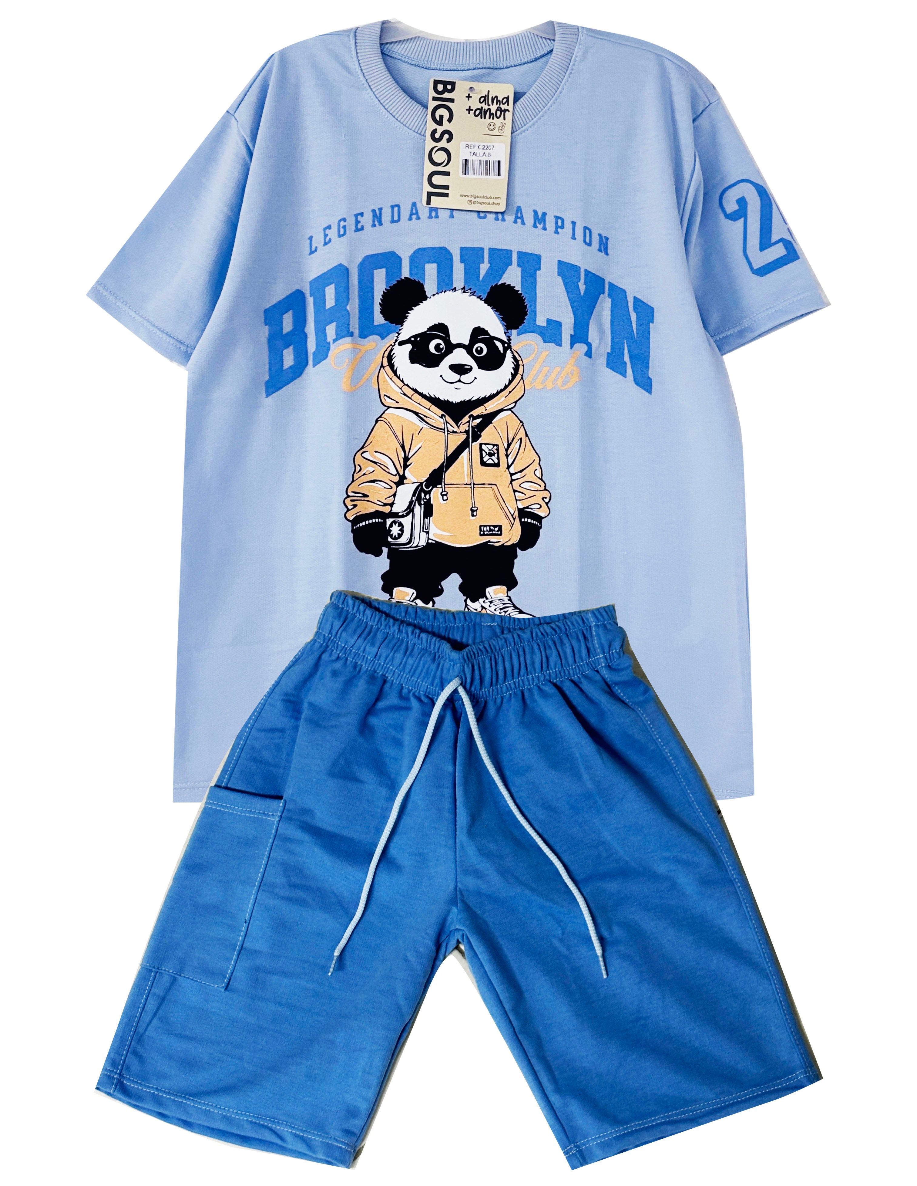 C2207 CONJUNTO CAMISETA  OVER SIZE AZUL CIELO/ BERMUDA AZUL HORTENCIA