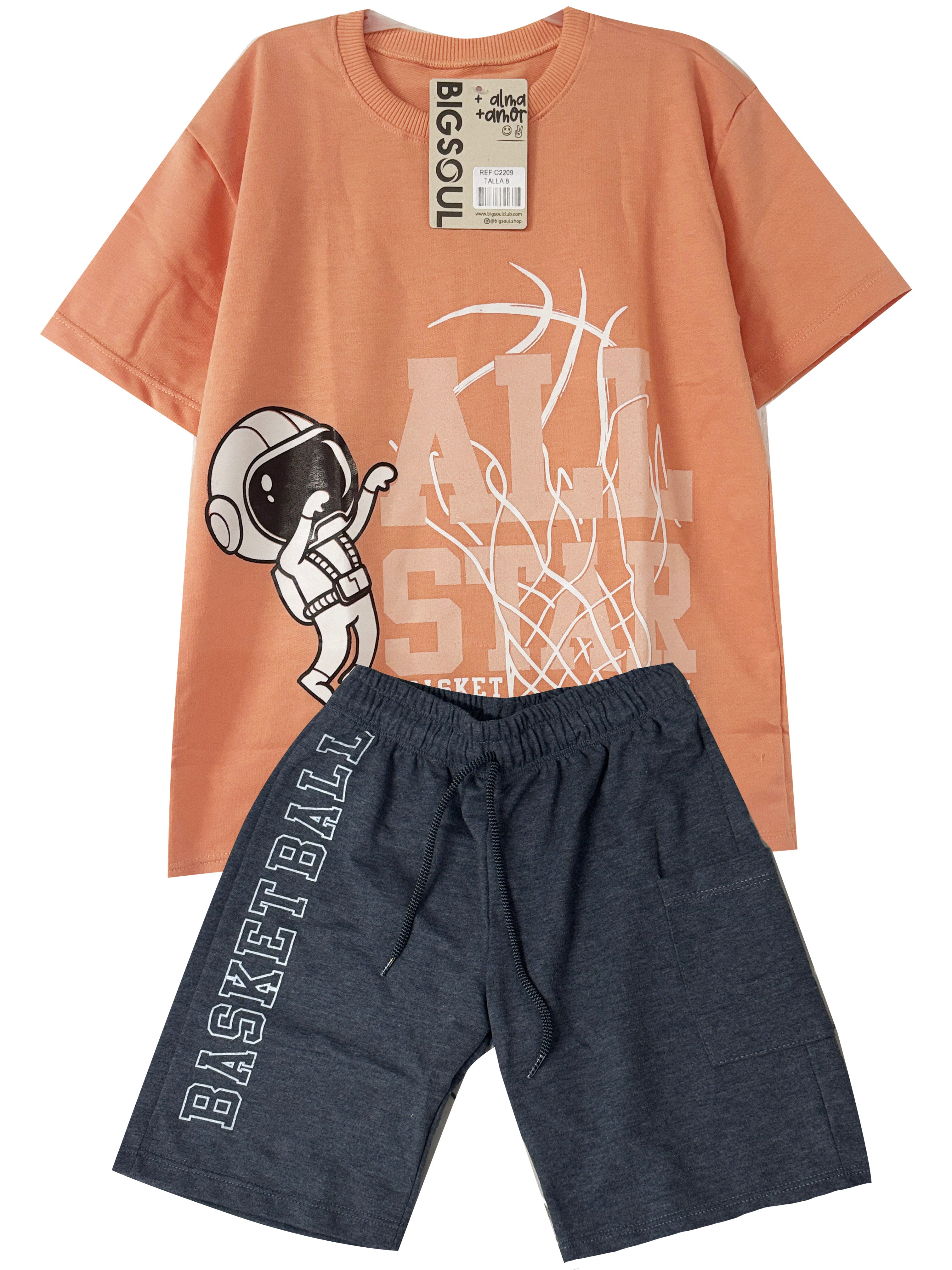 C2209 CONJUNTO CAMISETA  OVER SIZE MELON/ BERMUDA NEGRO CROS