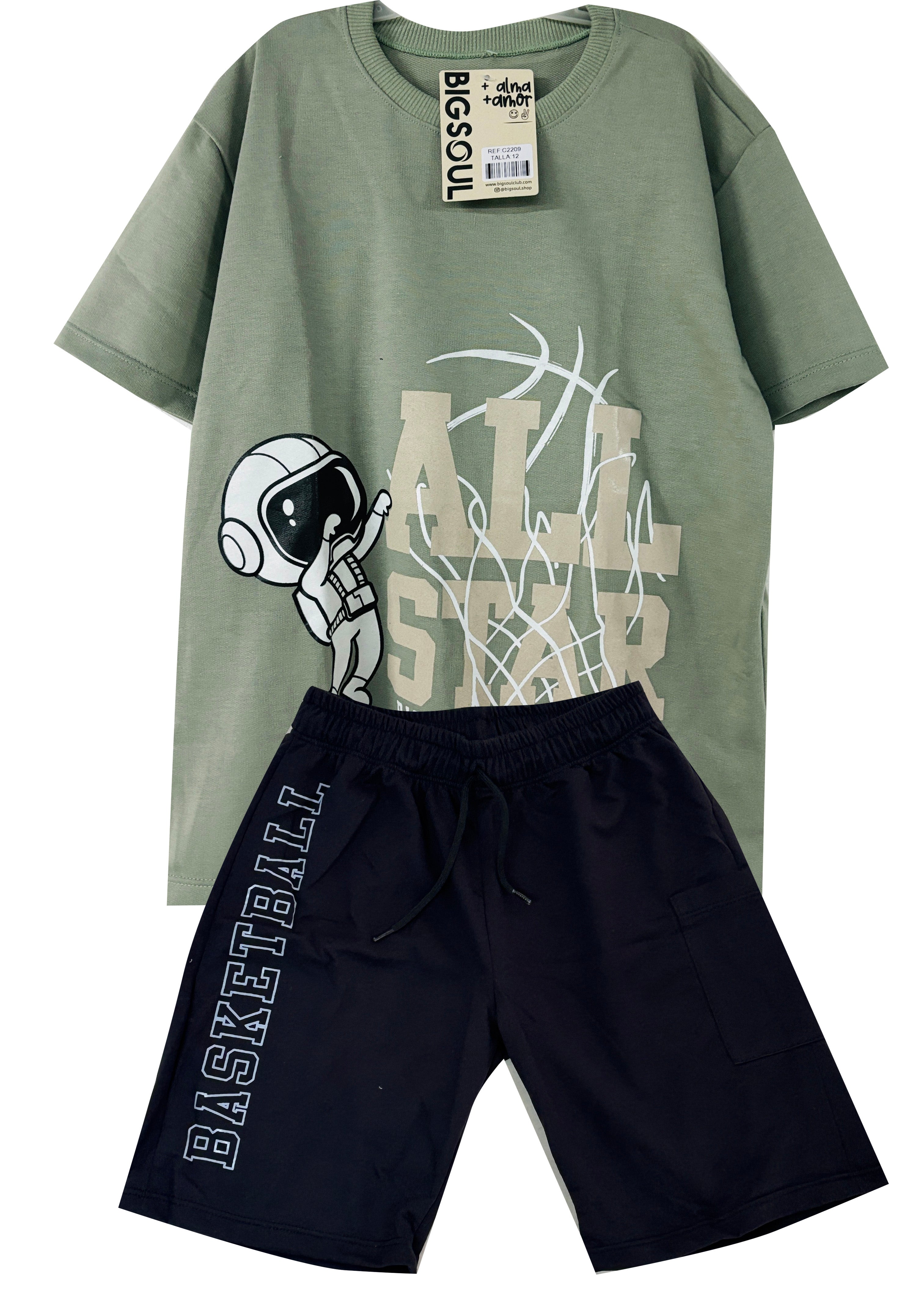 C2209 CONJUNTO CAMISETA  OVER SIZE VD MILITAR/ BERMUDA NEGRO