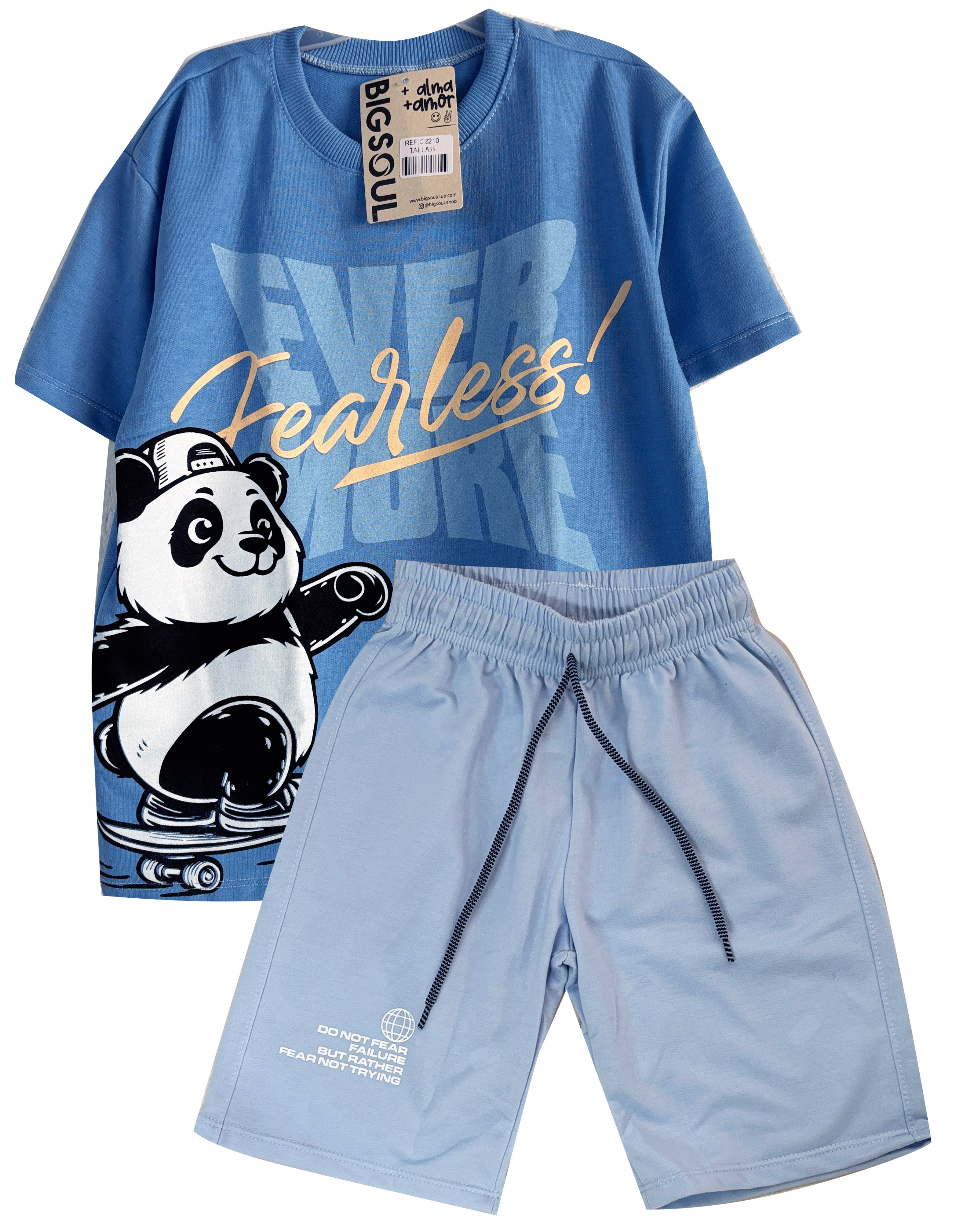 C2210 CONJUNTO CAMISETA  OVER SIZE HORTENCIA/ BERMUDA AZUL CIELO