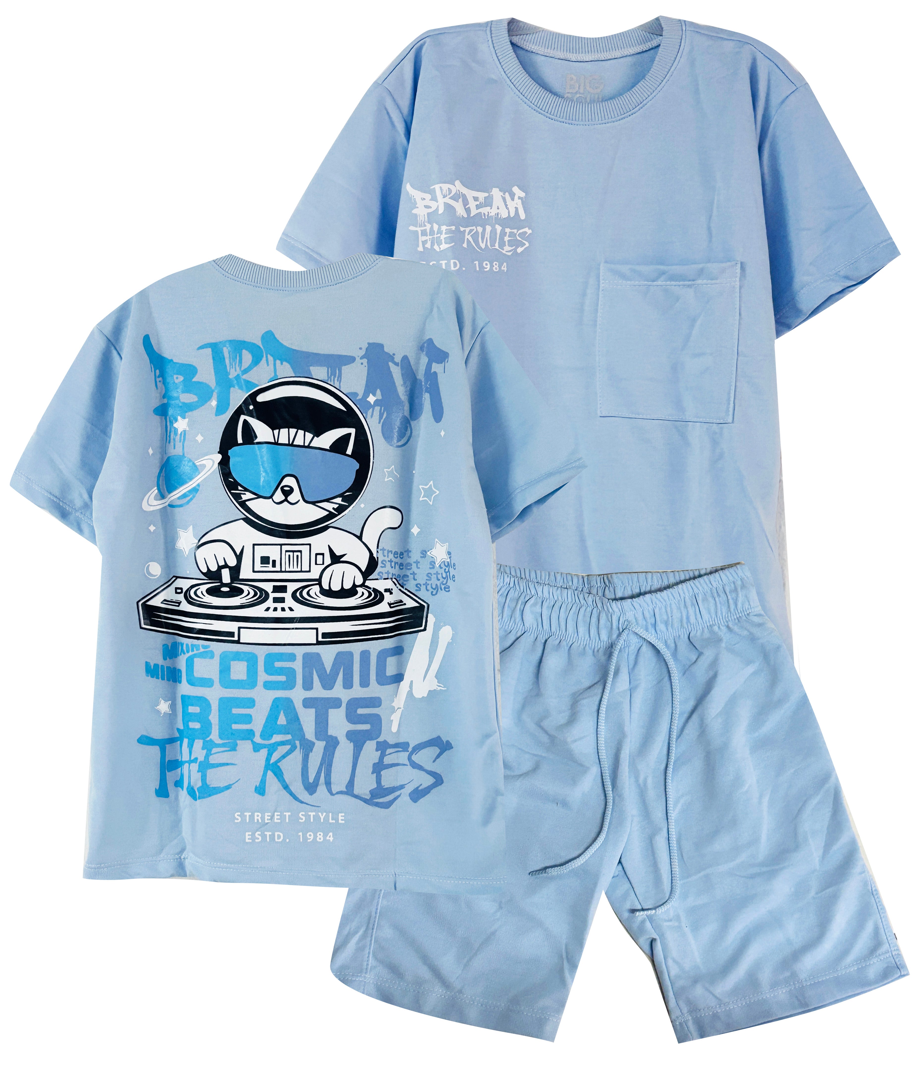 C2214  CONJUNTO UNICOLOR CAMISETA  OVER SIZE AZUL CIELO/ BERMUDA AZUL CIELO