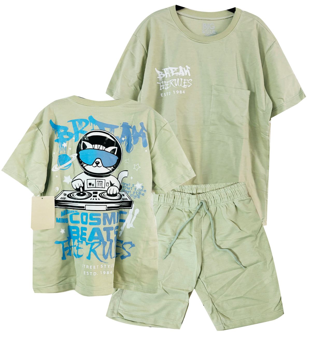 C2214  CONJUNTO UNICOLOR CAMISETA  OVER SIZE / BERMUDA VERDE PASTEL
