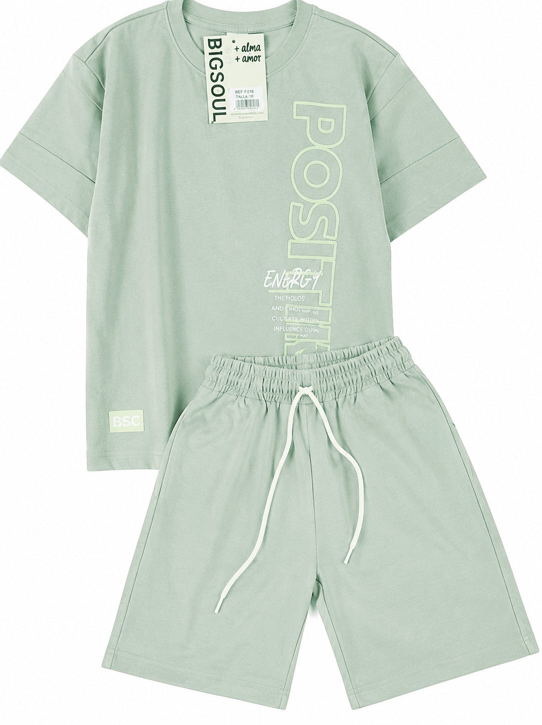 C2215 CONJUNTO UNICOLOR CAMISETA  OVER SIZE / BERMUDA VERDE PASTEL