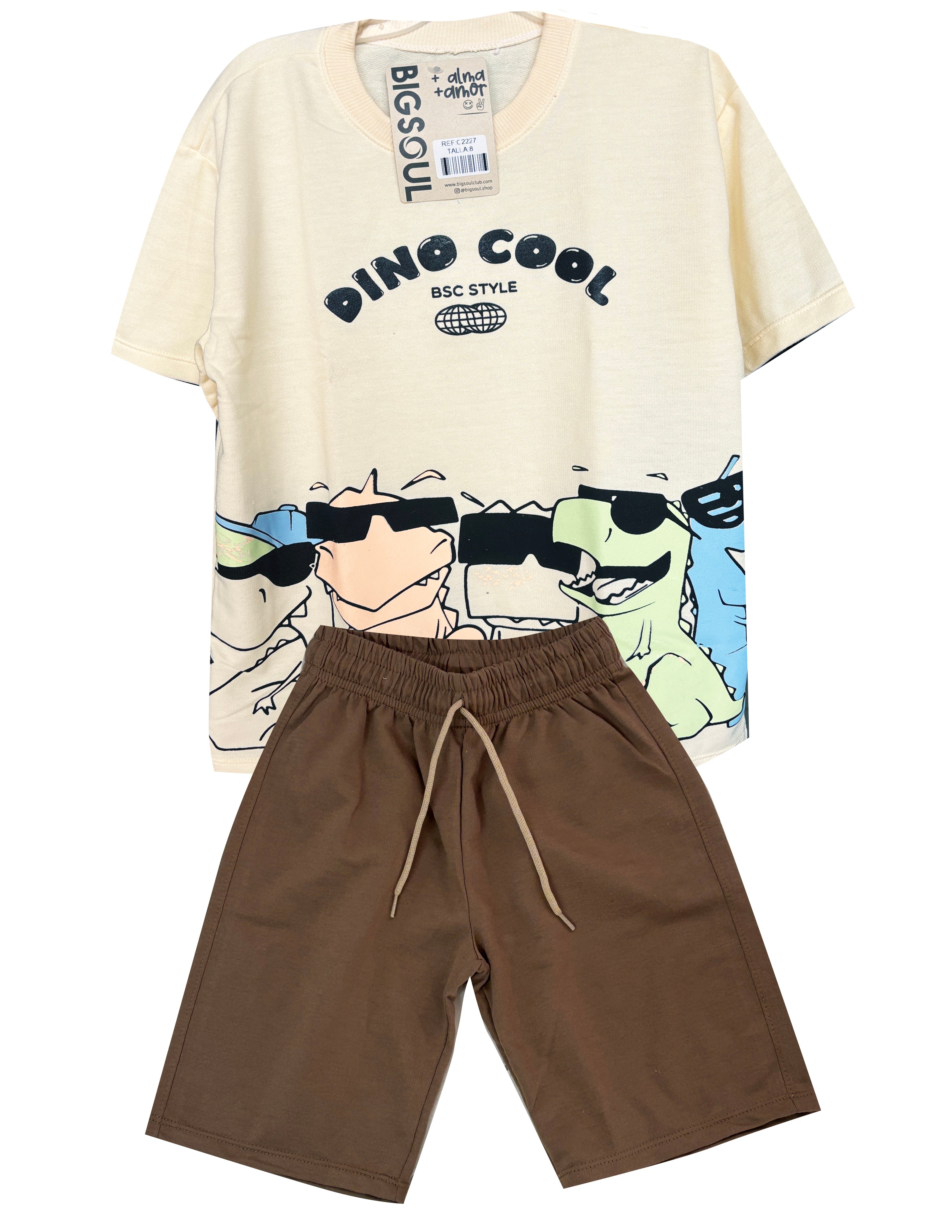 C2227 CONJUNTO CAMISETA  OVER SIZE MARFIL/ BERMUDA TABACO