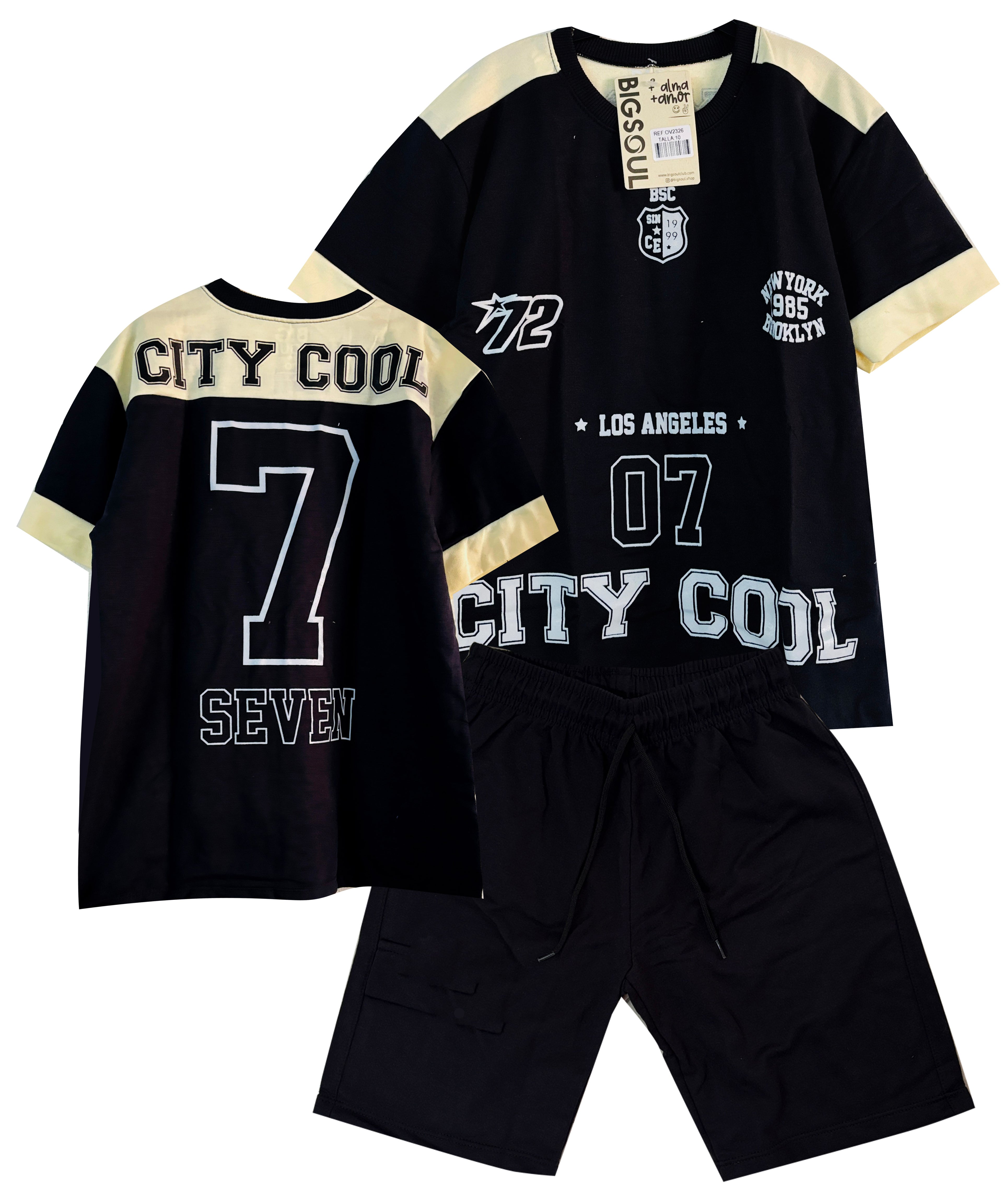 C2326 CONJUNTO UNOICOLOR CAMISETA  OVER SIZE / BERMUDA NEGRO