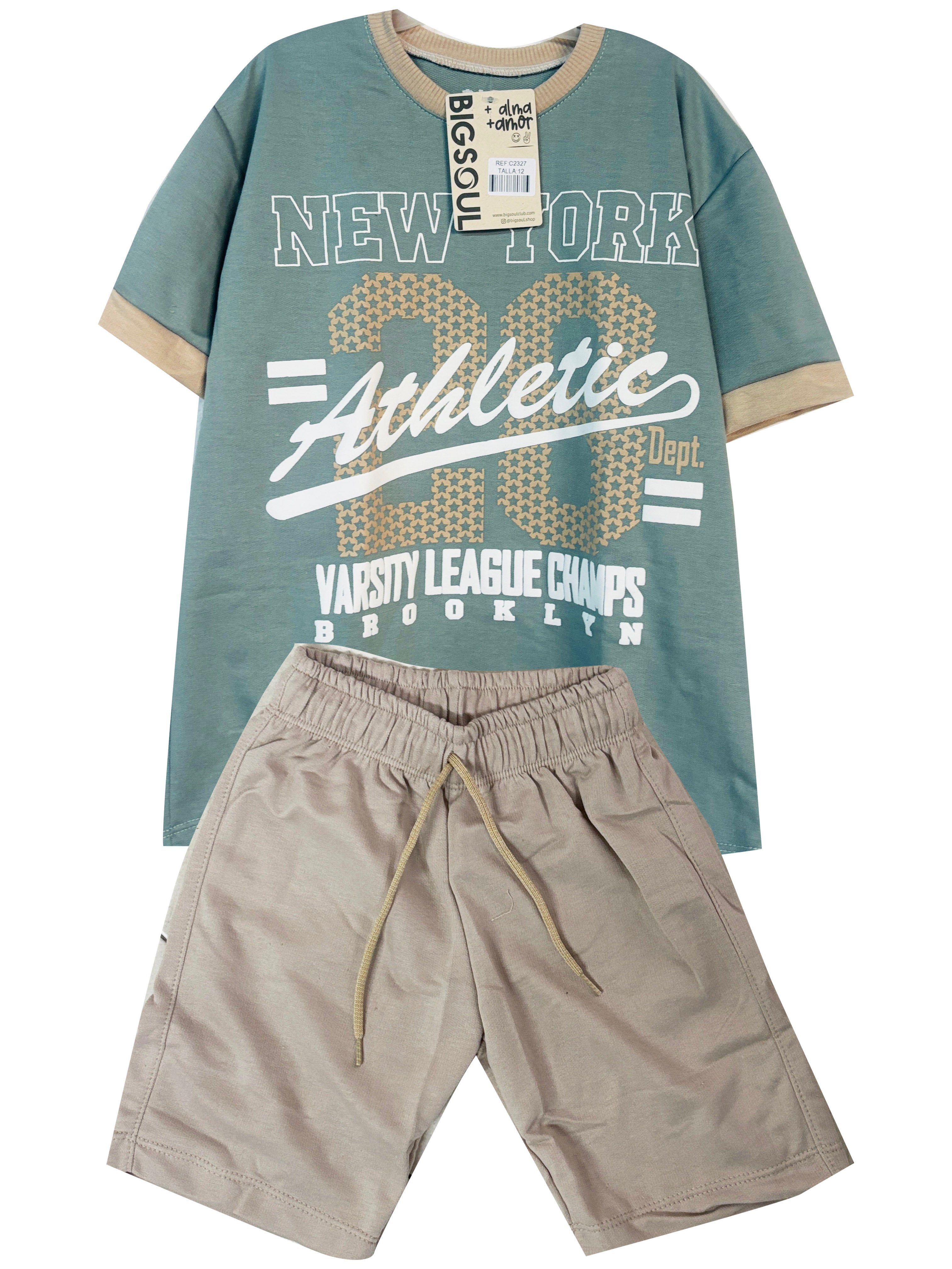 C2327 CONJUNTO CAMISETA  OVER SIZE VERDE / BERMUDA KAKY